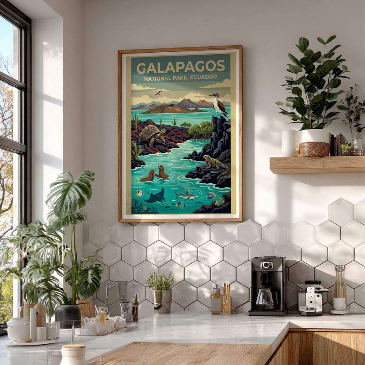 Poster of Galapagos National Park featuring a tortoise, sea lions, and diverse wildlife.