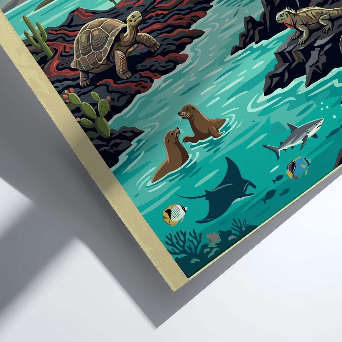 Poster of Galapagos National Park featuring a tortoise, sea lions, and diverse wildlife.