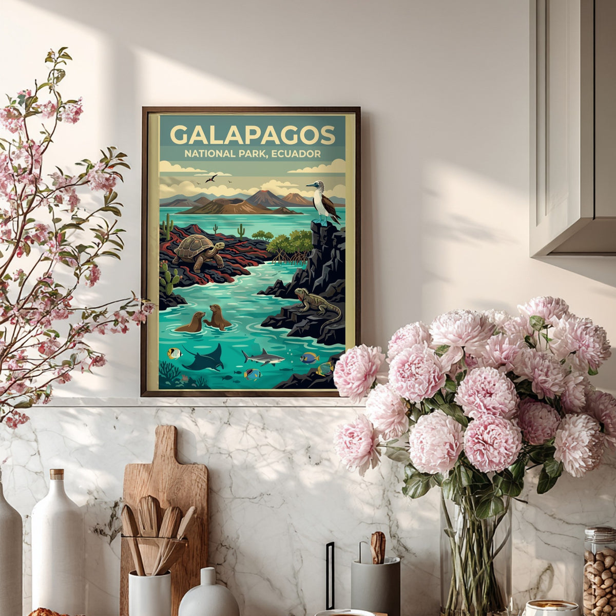 Poster of Galapagos National Park featuring a tortoise, sea lions, and diverse wildlife.