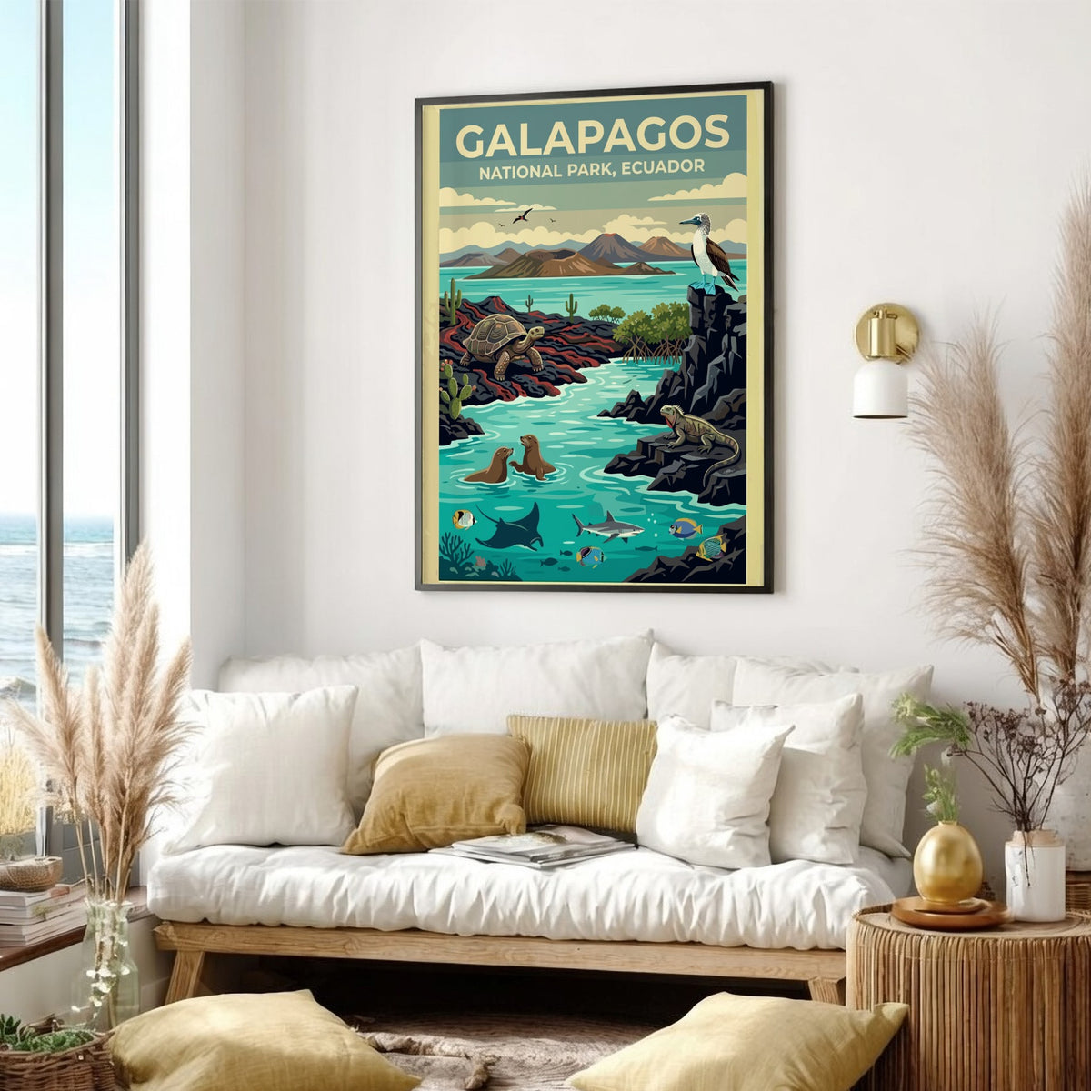 Poster of Galapagos National Park featuring a tortoise, sea lions, and diverse wildlife.