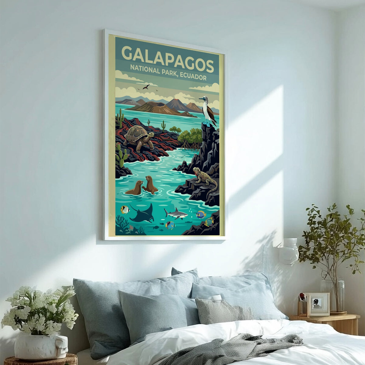 Poster of Galapagos National Park featuring a tortoise, sea lions, and diverse wildlife.