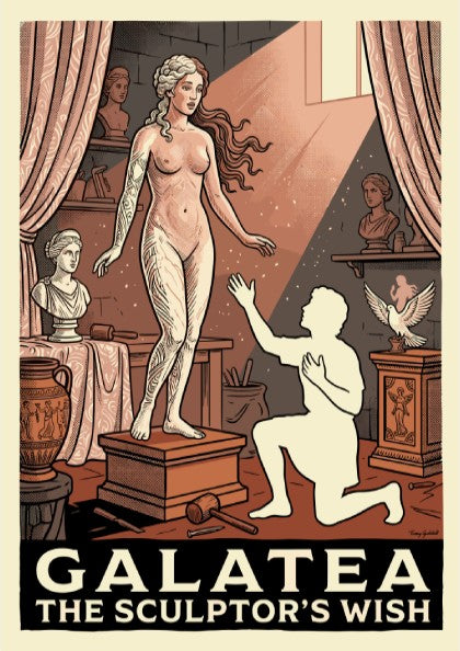 Galatea poster featuring a statue and sculptor in a classical art studio, Greek mythology art.