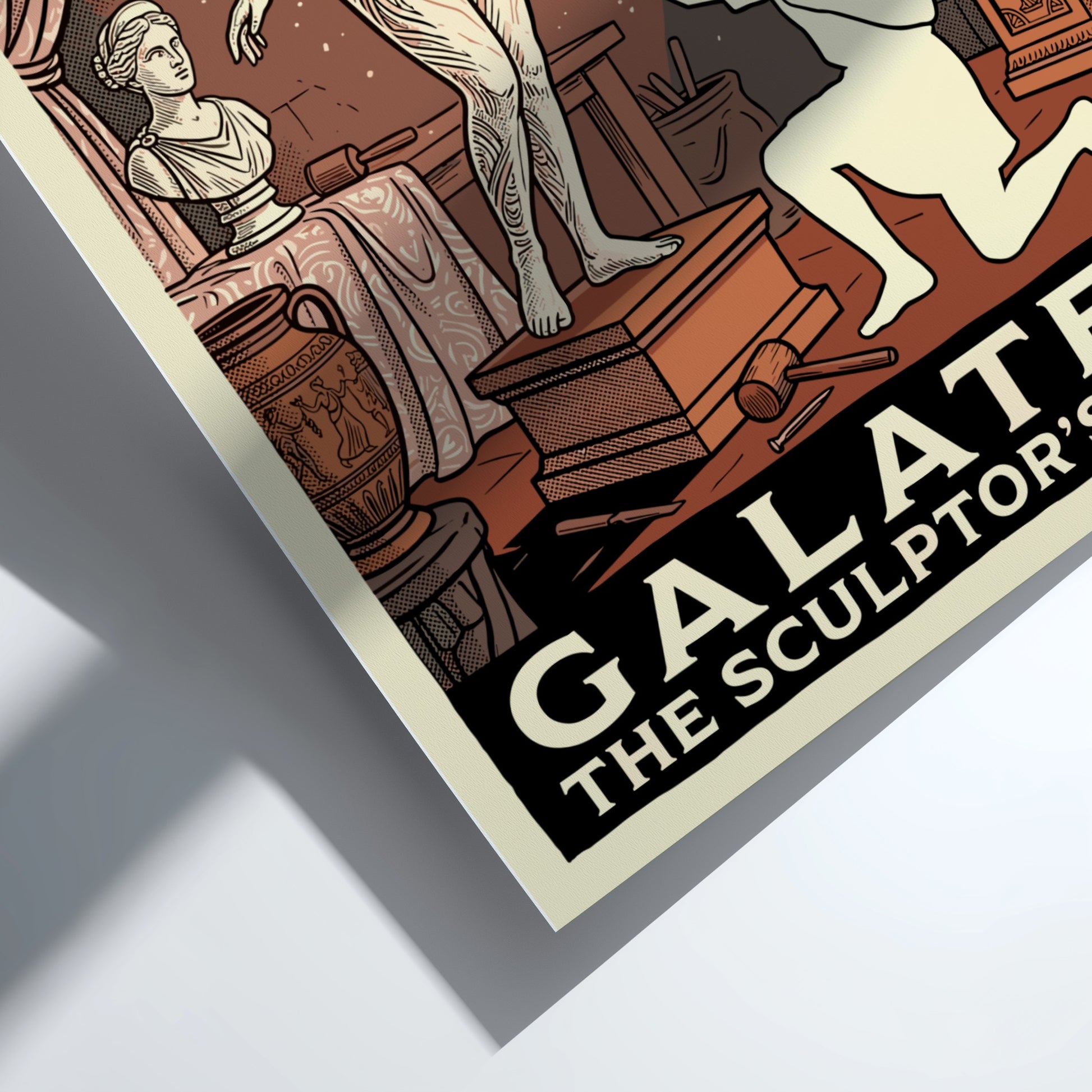 Galatea poster featuring a statue and sculptor in a classical art studio, Greek mythology art.