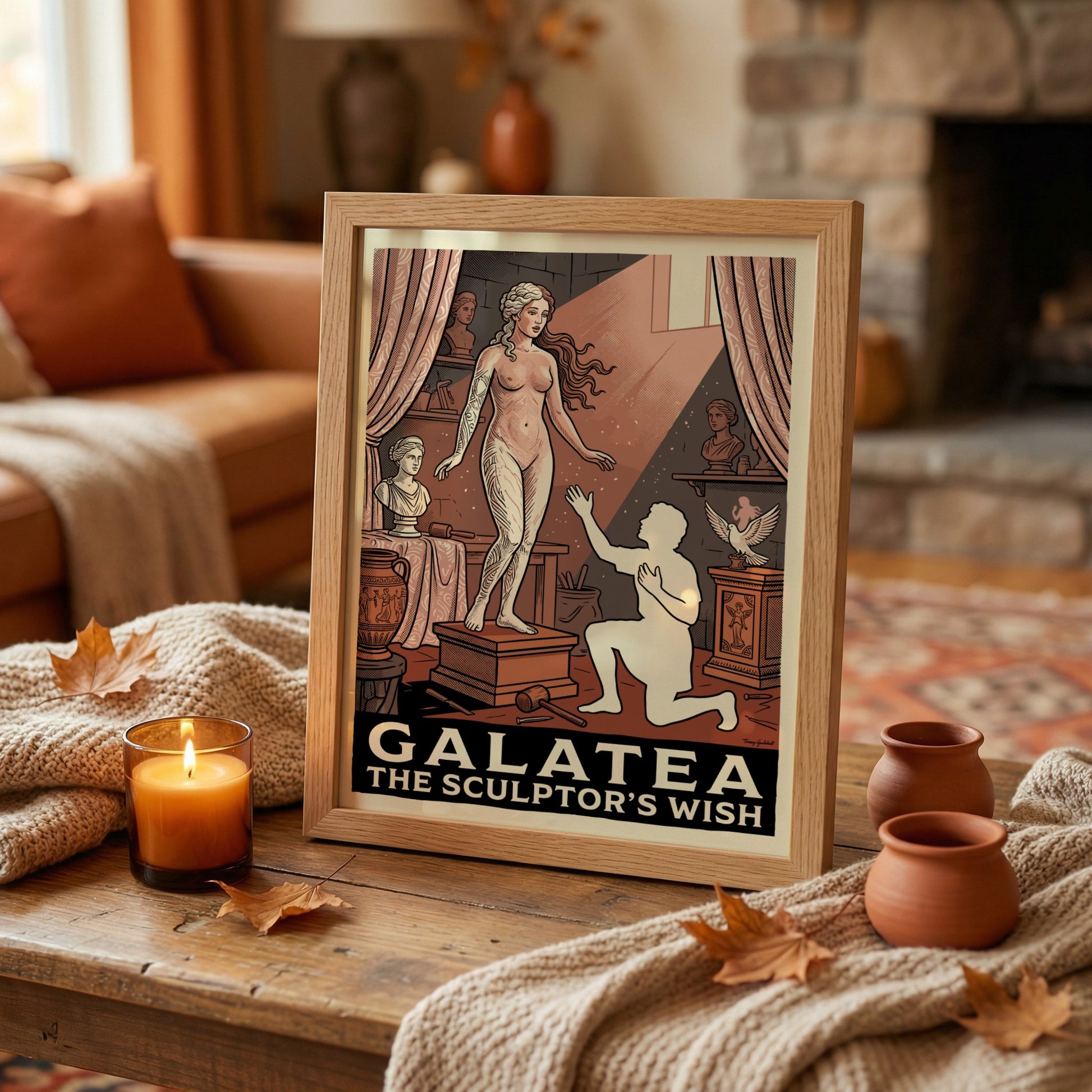 Galatea poster featuring a statue and sculptor in a classical art studio, Greek mythology art.