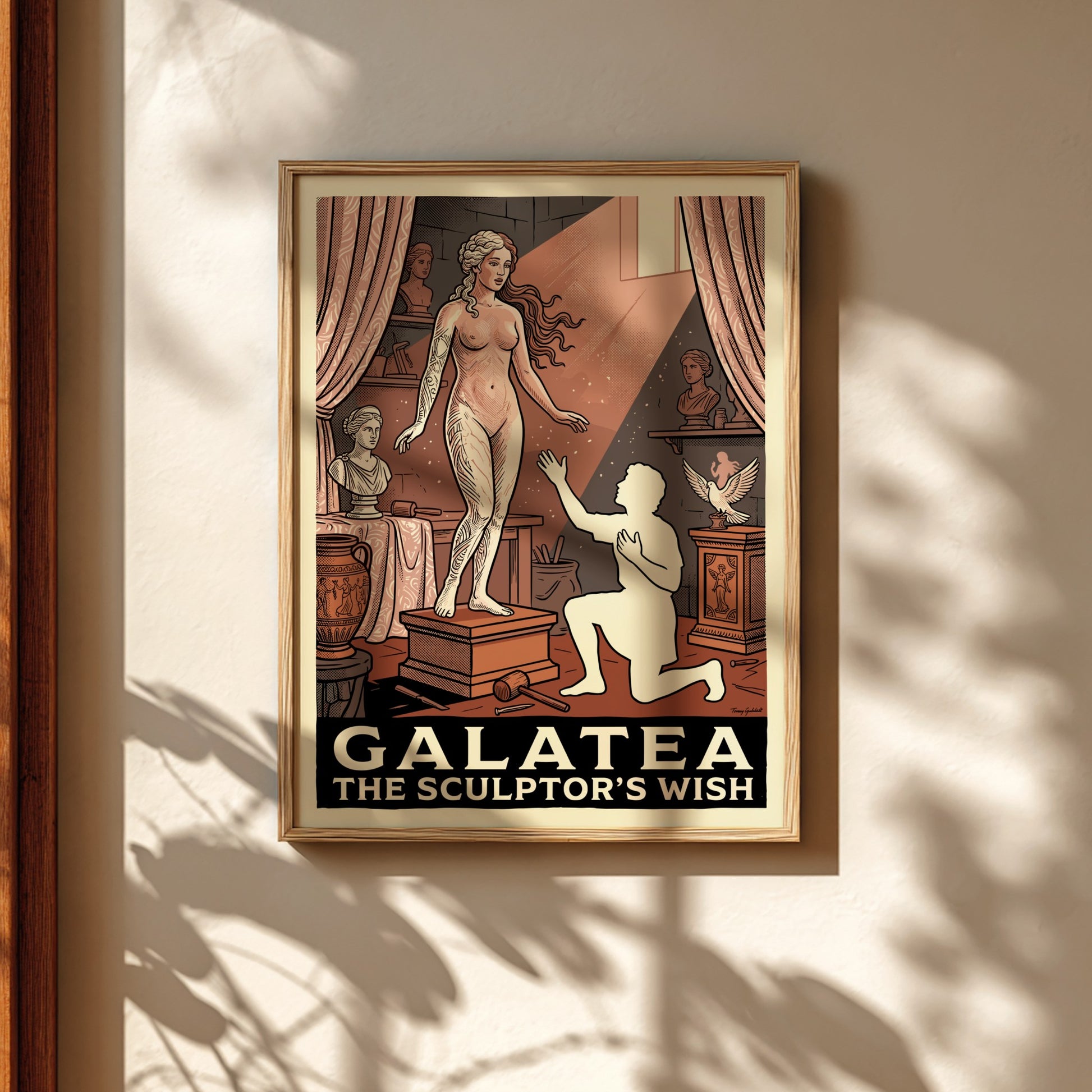 Galatea poster featuring a statue and sculptor in a classical art studio, Greek mythology art.
