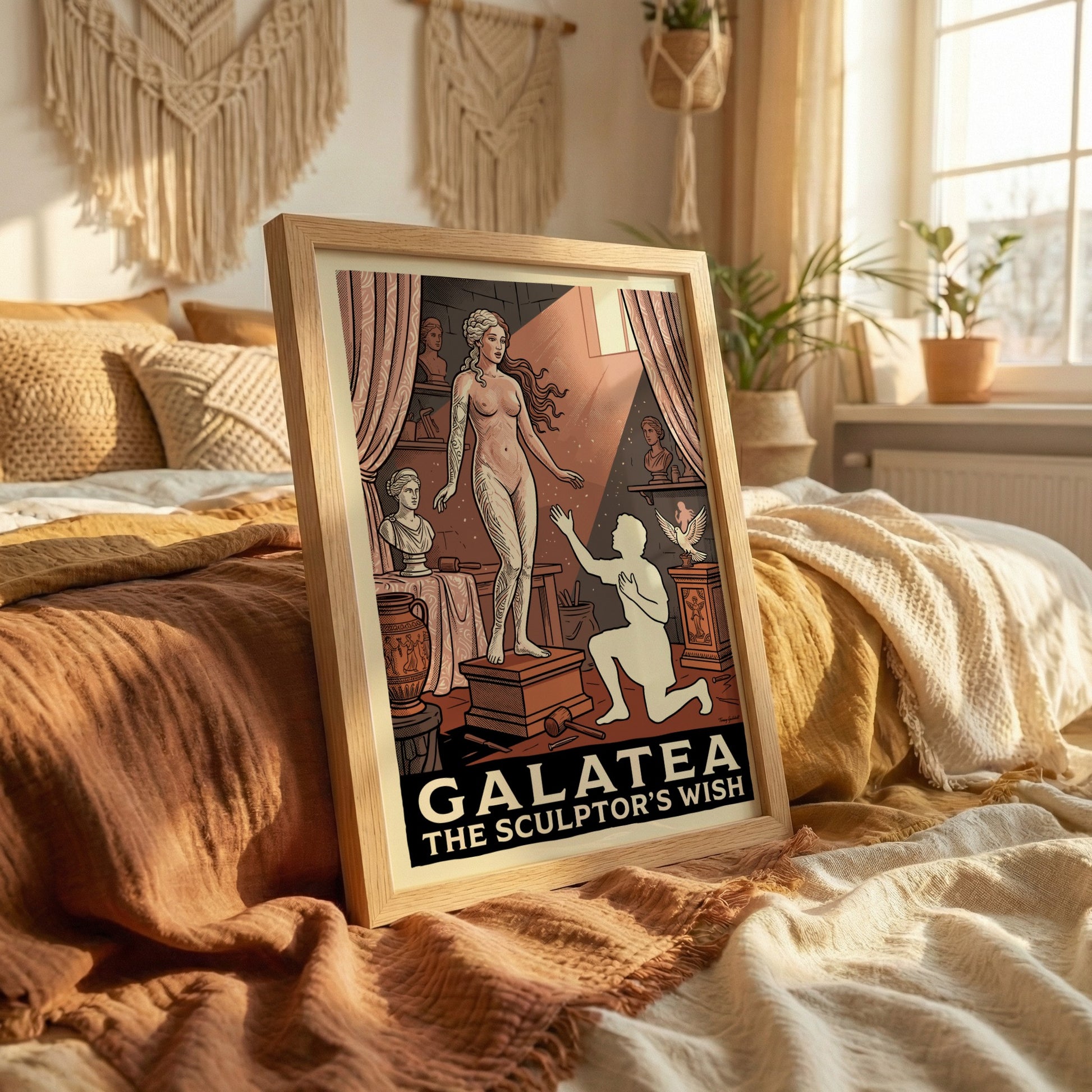 Galatea poster featuring a statue and sculptor in a classical art studio, Greek mythology art.
