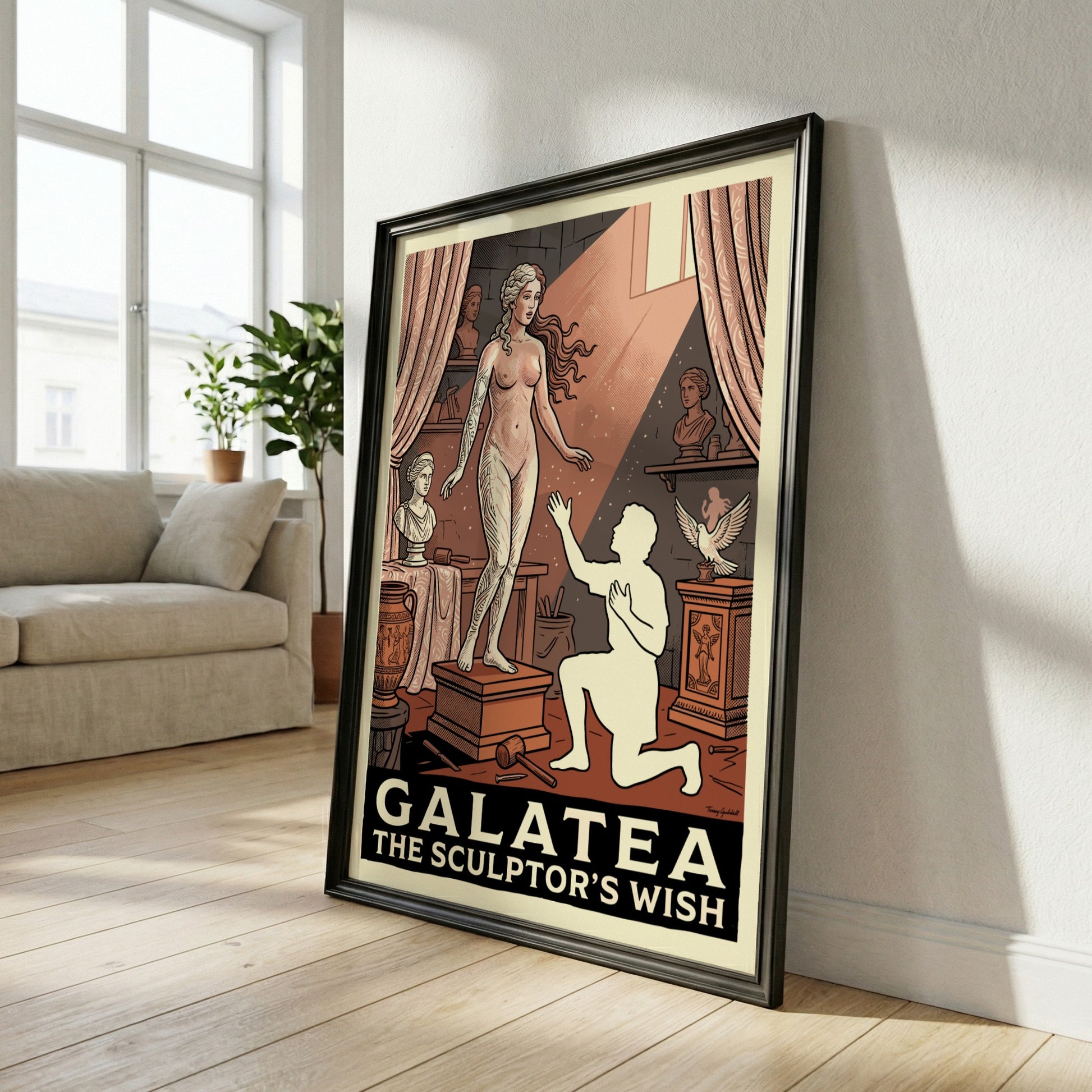 Galatea poster featuring a statue and sculptor in a classical art studio, Greek mythology art.