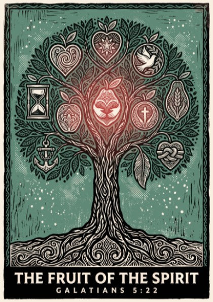 Poster featuring a stylized tree with symbolic icons in green and cream tones.