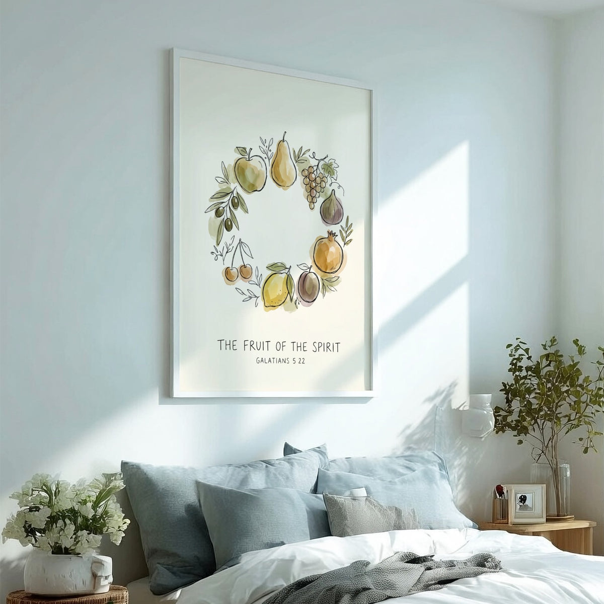 Poster displaying a watercolour wreath of fruit with the text The Fruit of the Spirit.