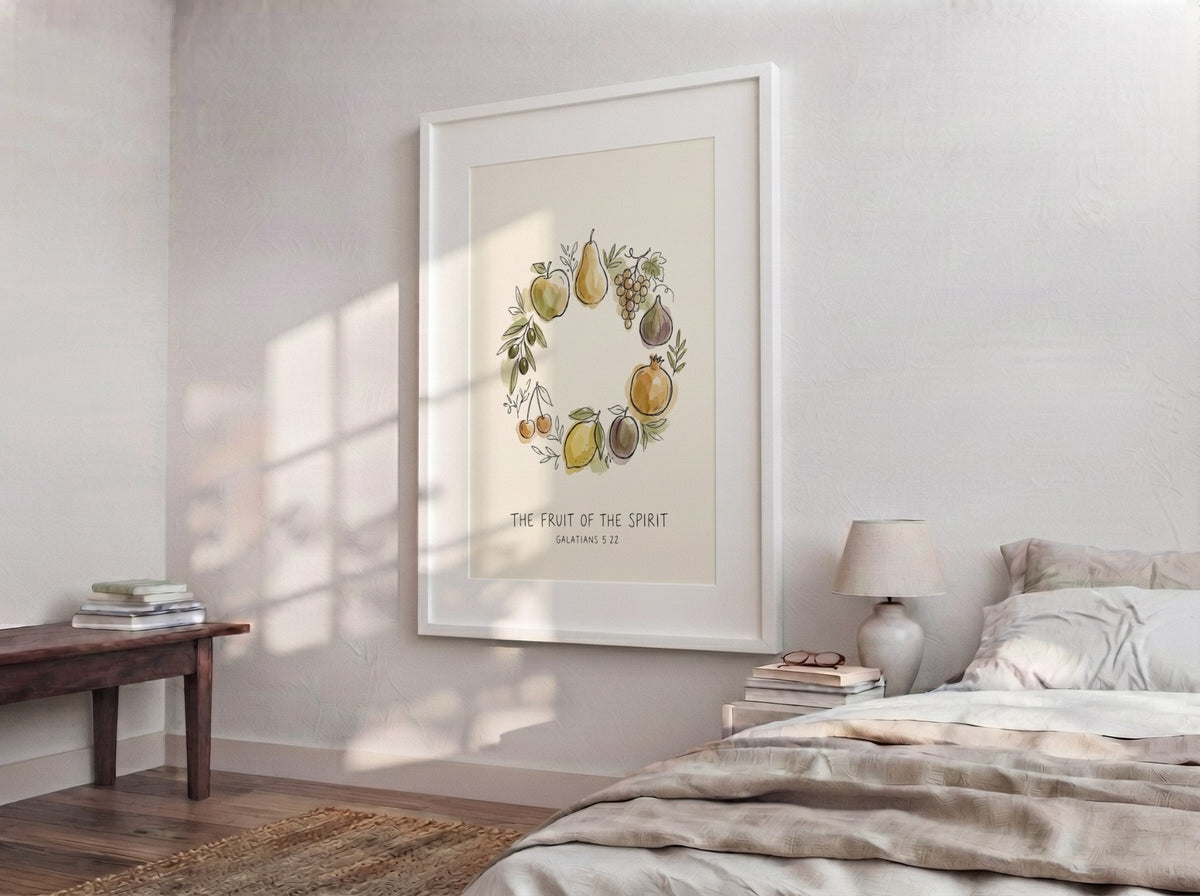 Poster displaying a watercolour wreath of fruit with the text The Fruit of the Spirit.