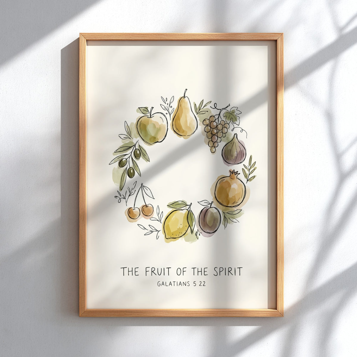 Poster displaying a watercolour wreath of fruit with the text The Fruit of the Spirit.