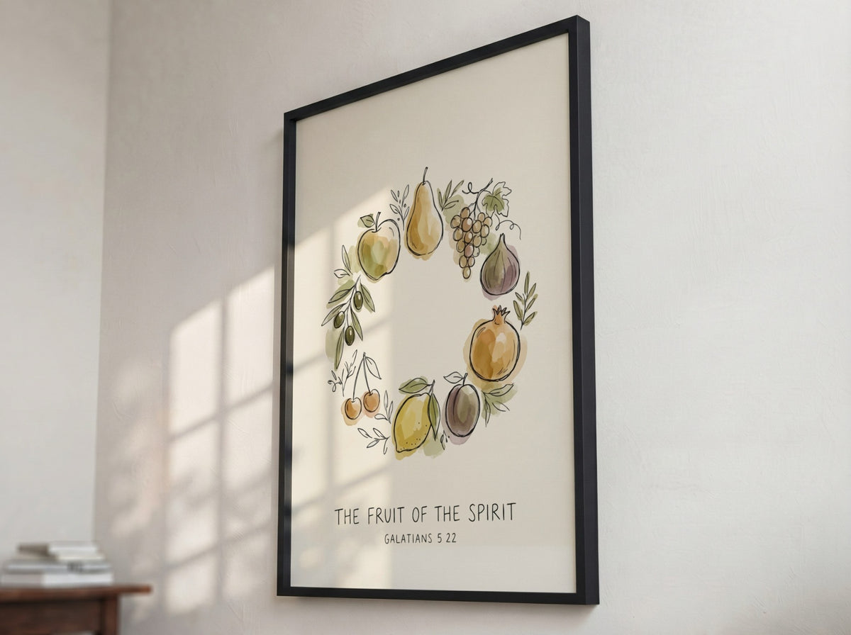 Poster displaying a watercolour wreath of fruit with the text The Fruit of the Spirit.