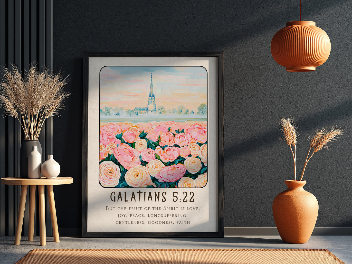 Galatians 5:22 poster featuring pink roses and a church, inspirational religion art