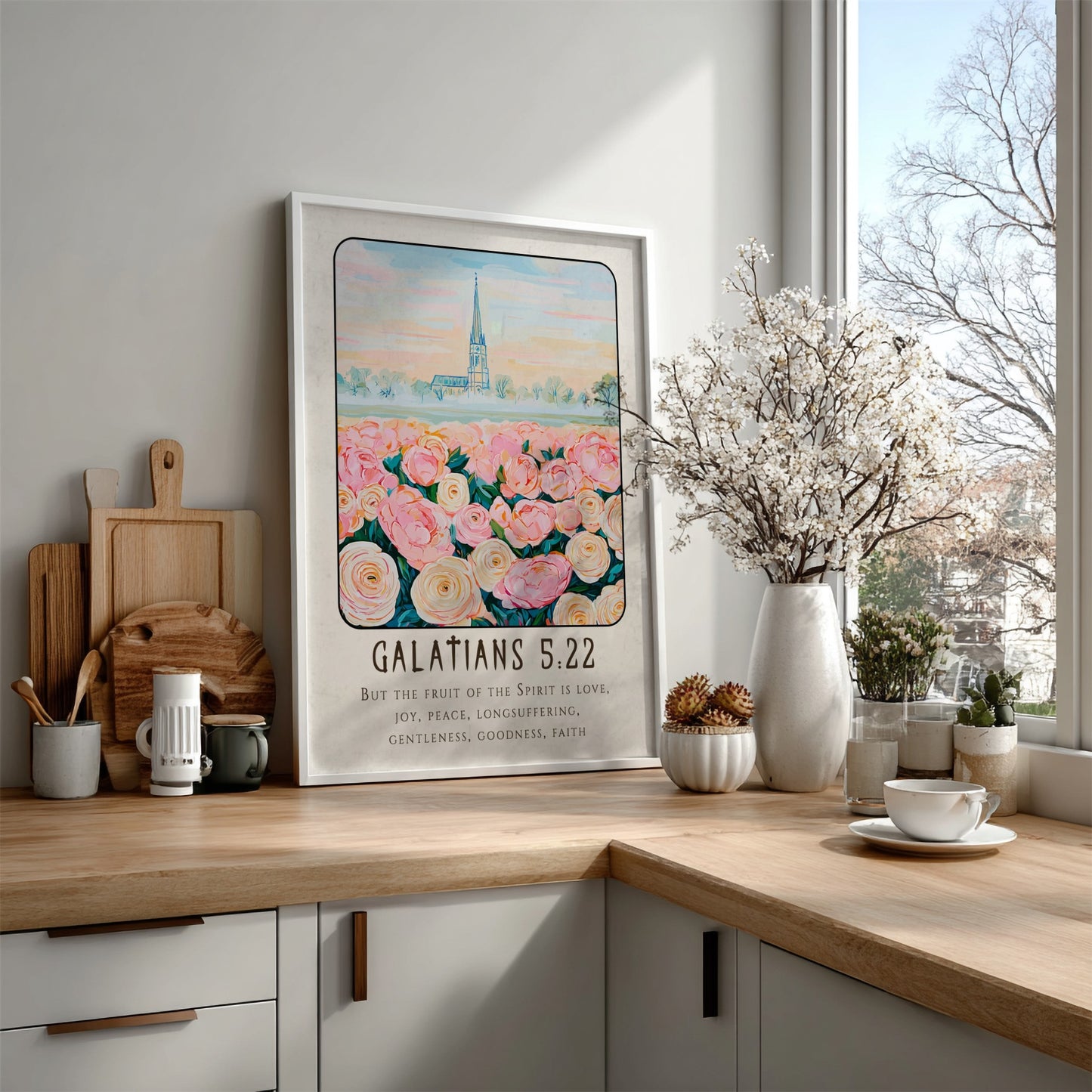 Galatians 5:22 poster featuring pink roses and a church, inspirational religion art