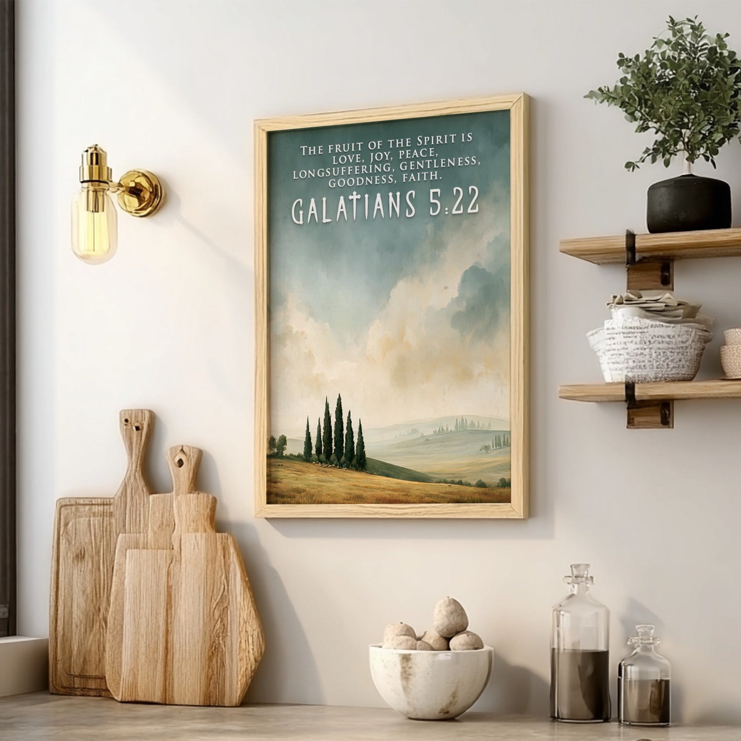 Poster displaying a peaceful countryside landscape with cypress trees and Galatians 5:22 scripture text.