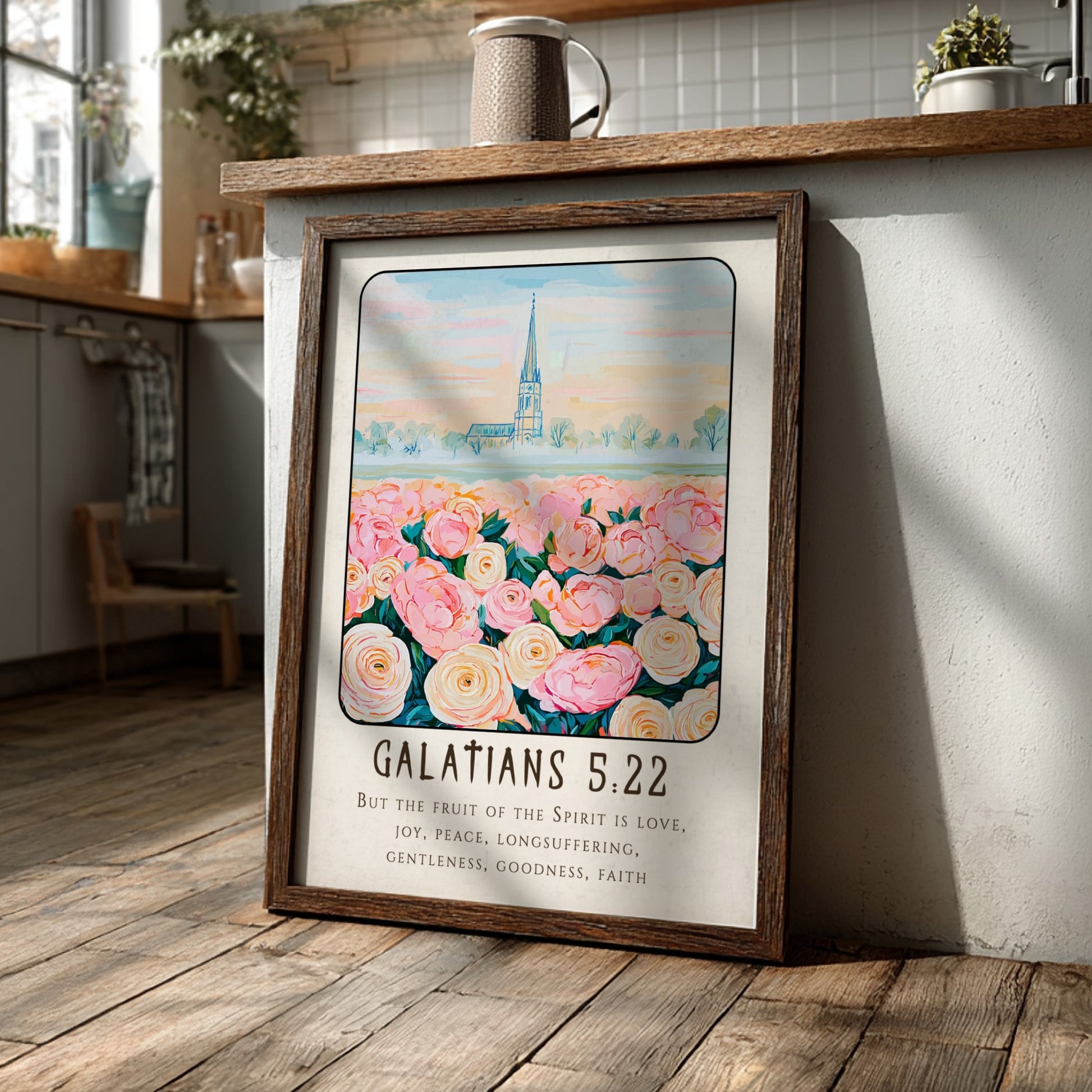 Galatians 5:22 poster featuring pink roses and a church, inspirational religion art