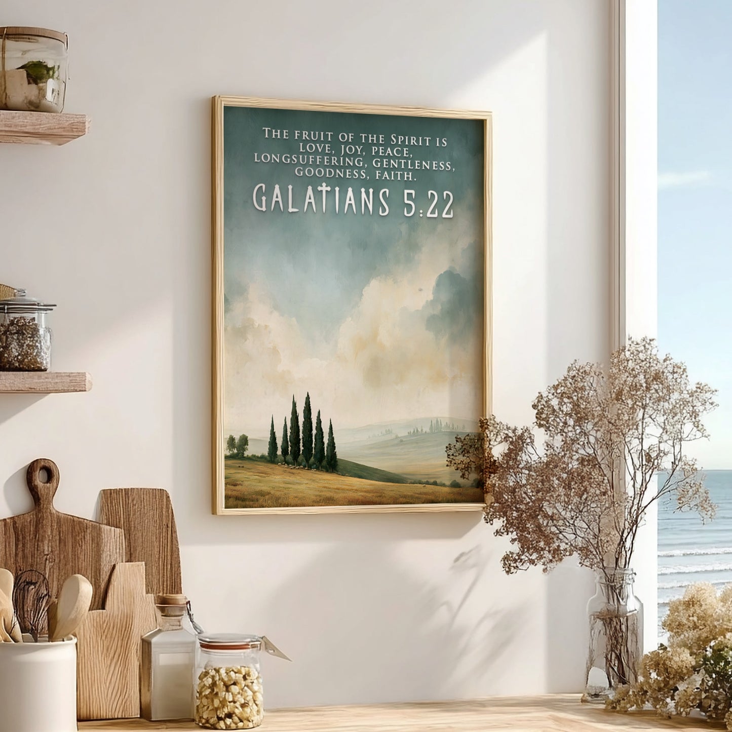 Poster displaying a peaceful countryside landscape with cypress trees and Galatians 5:22 scripture text.