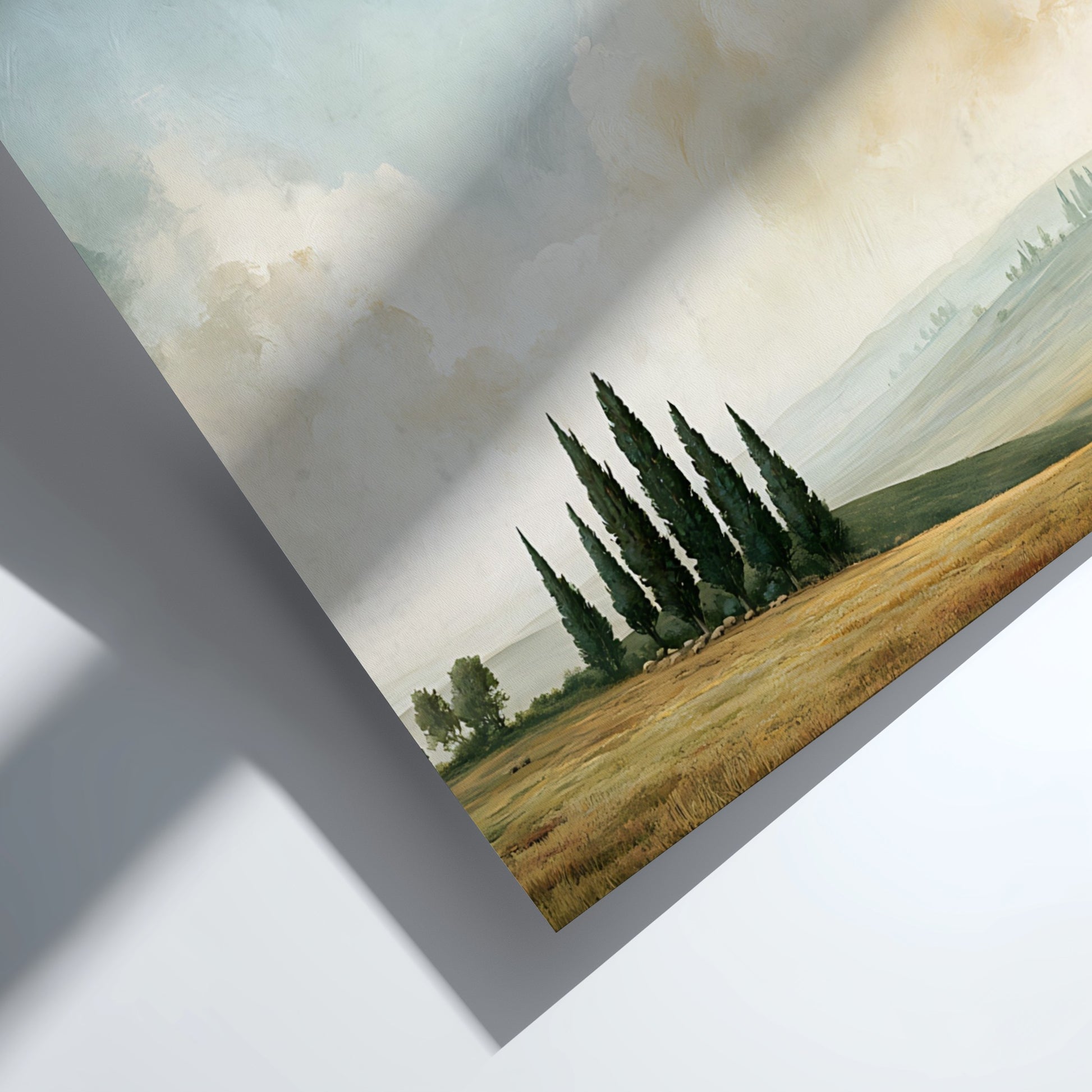 Poster displaying a peaceful countryside landscape with cypress trees and Galatians 5:22 scripture text.