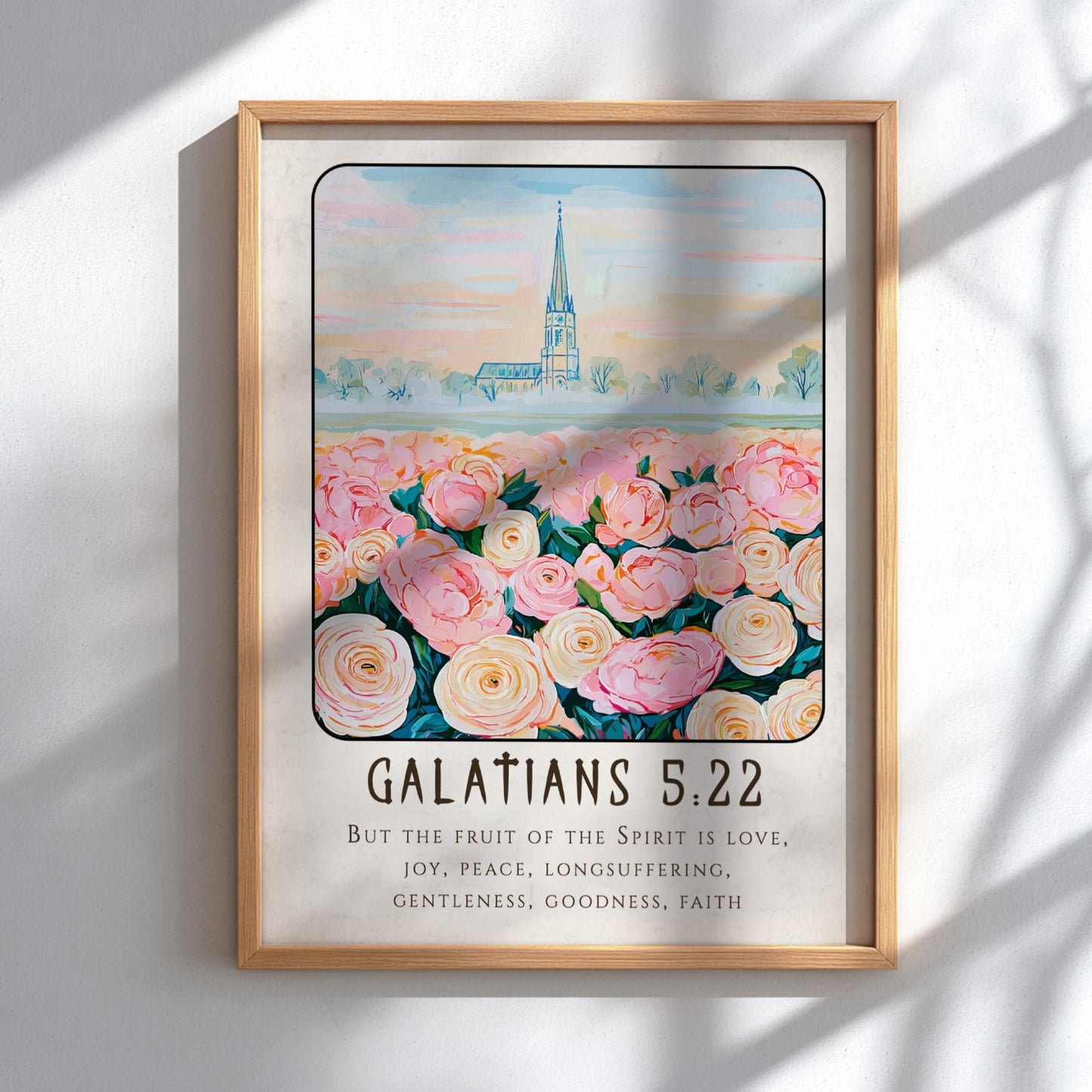 Galatians 5:22 poster featuring pink roses and a church, inspirational religion art