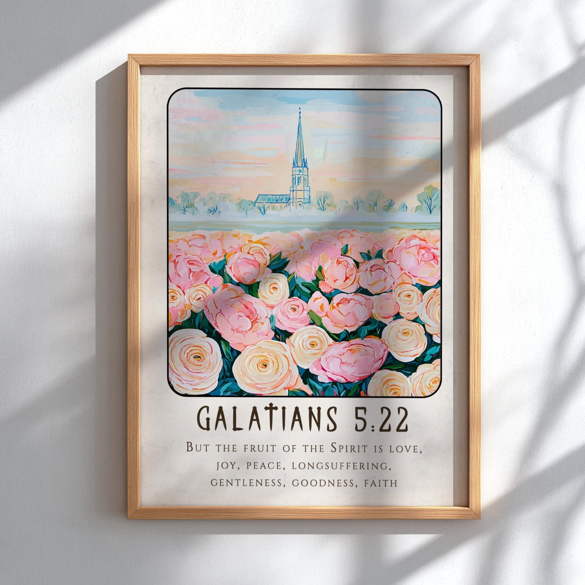 Galatians 5:22 poster featuring pink roses and a church, inspirational religion art