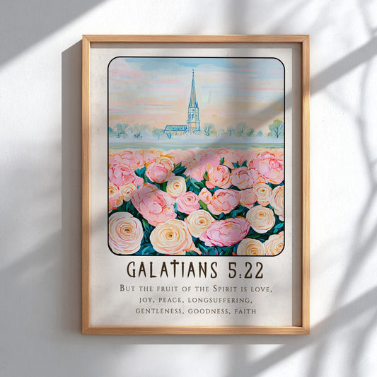 Galatians 5:22 poster featuring pink roses and a church, inspirational religion art