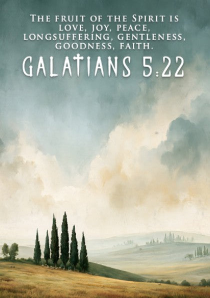 Poster displaying a peaceful countryside landscape with cypress trees and Galatians 5:22 scripture text.