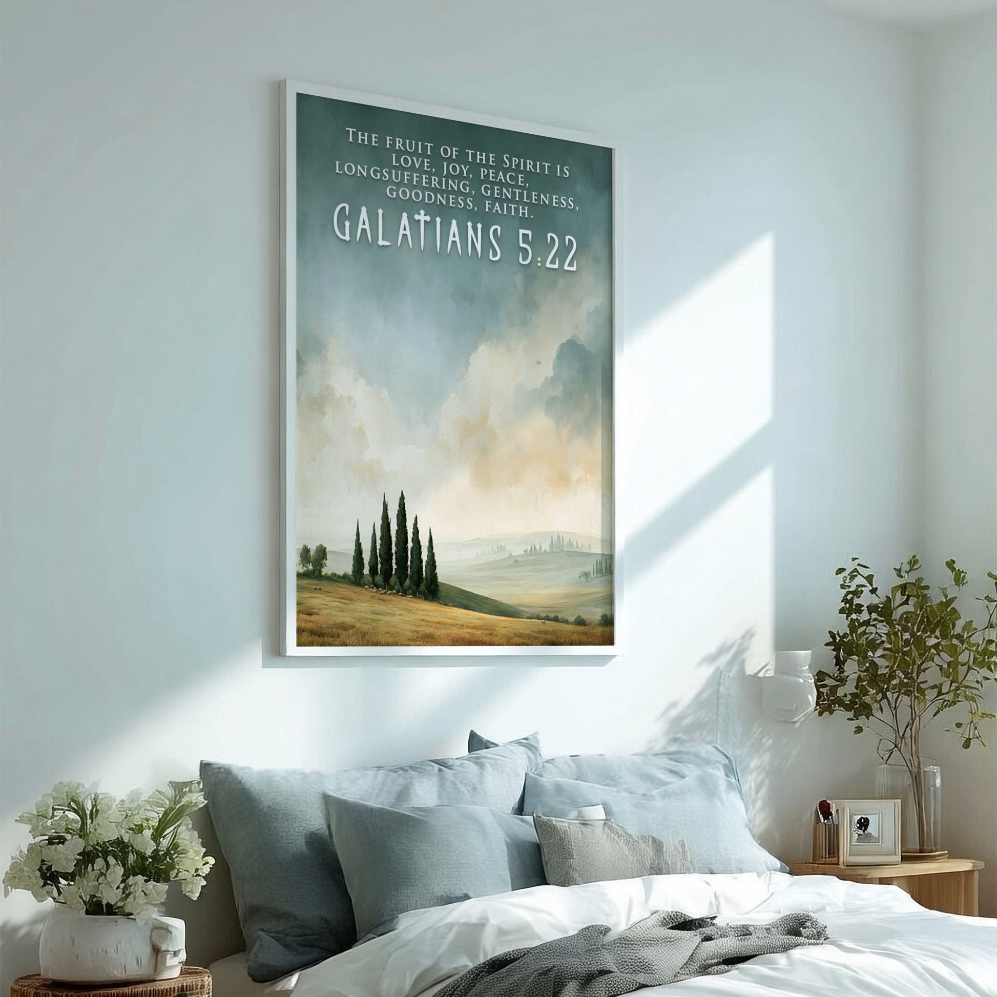 Poster displaying a peaceful countryside landscape with cypress trees and Galatians 5:22 scripture text.