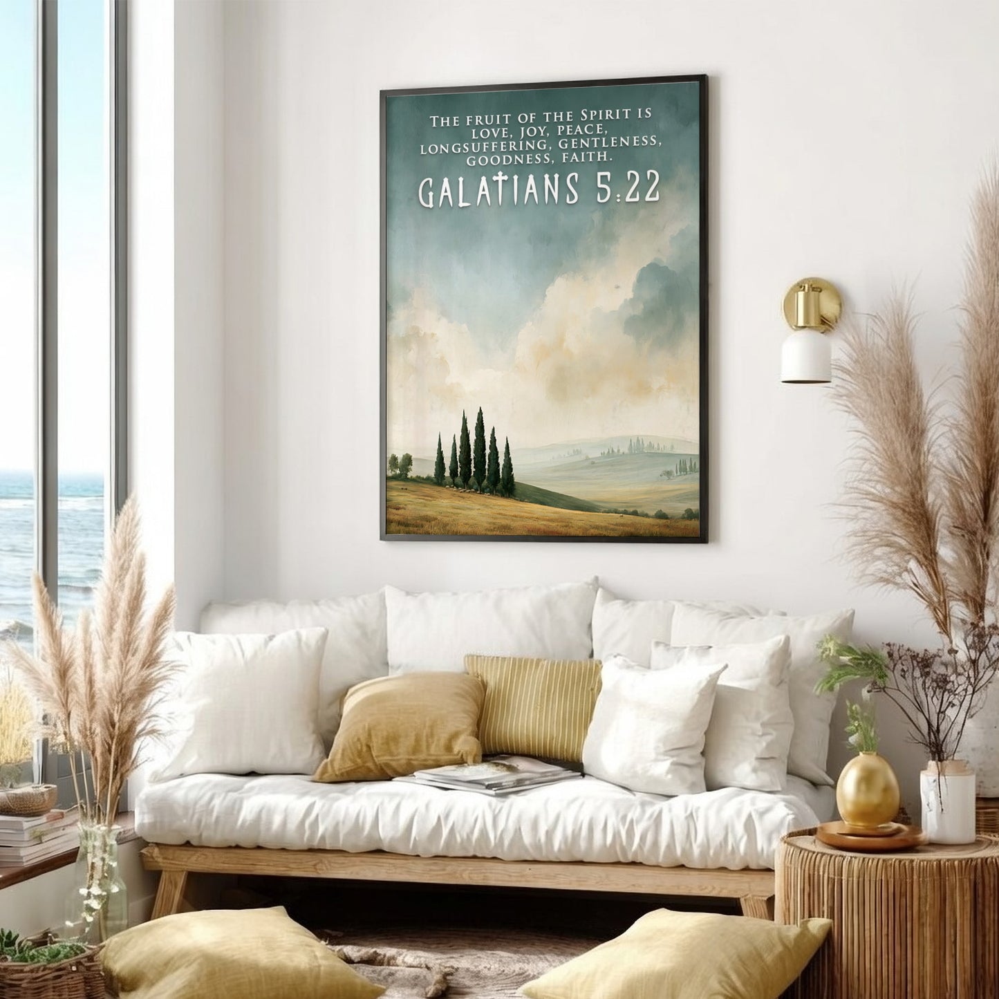 Poster displaying a peaceful countryside landscape with cypress trees and Galatians 5:22 scripture text.