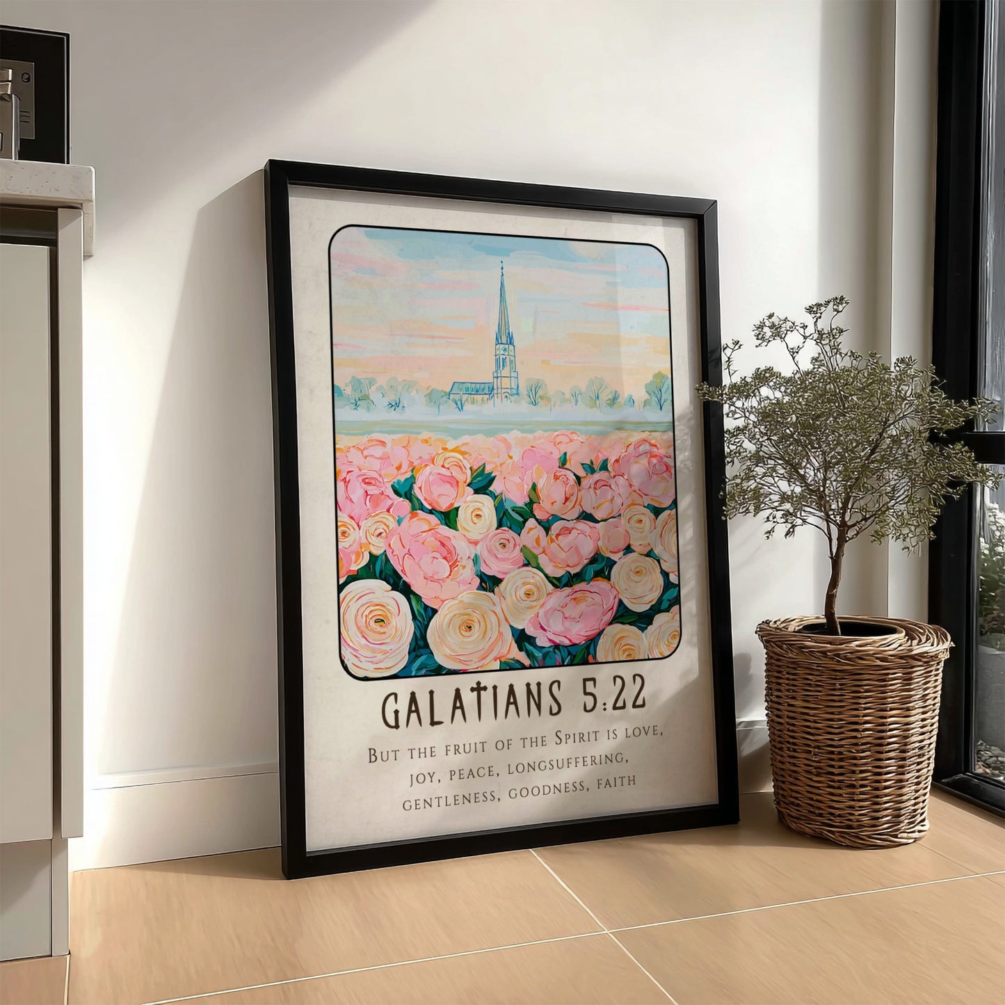 Galatians 5:22 poster featuring pink roses and a church, inspirational religion art