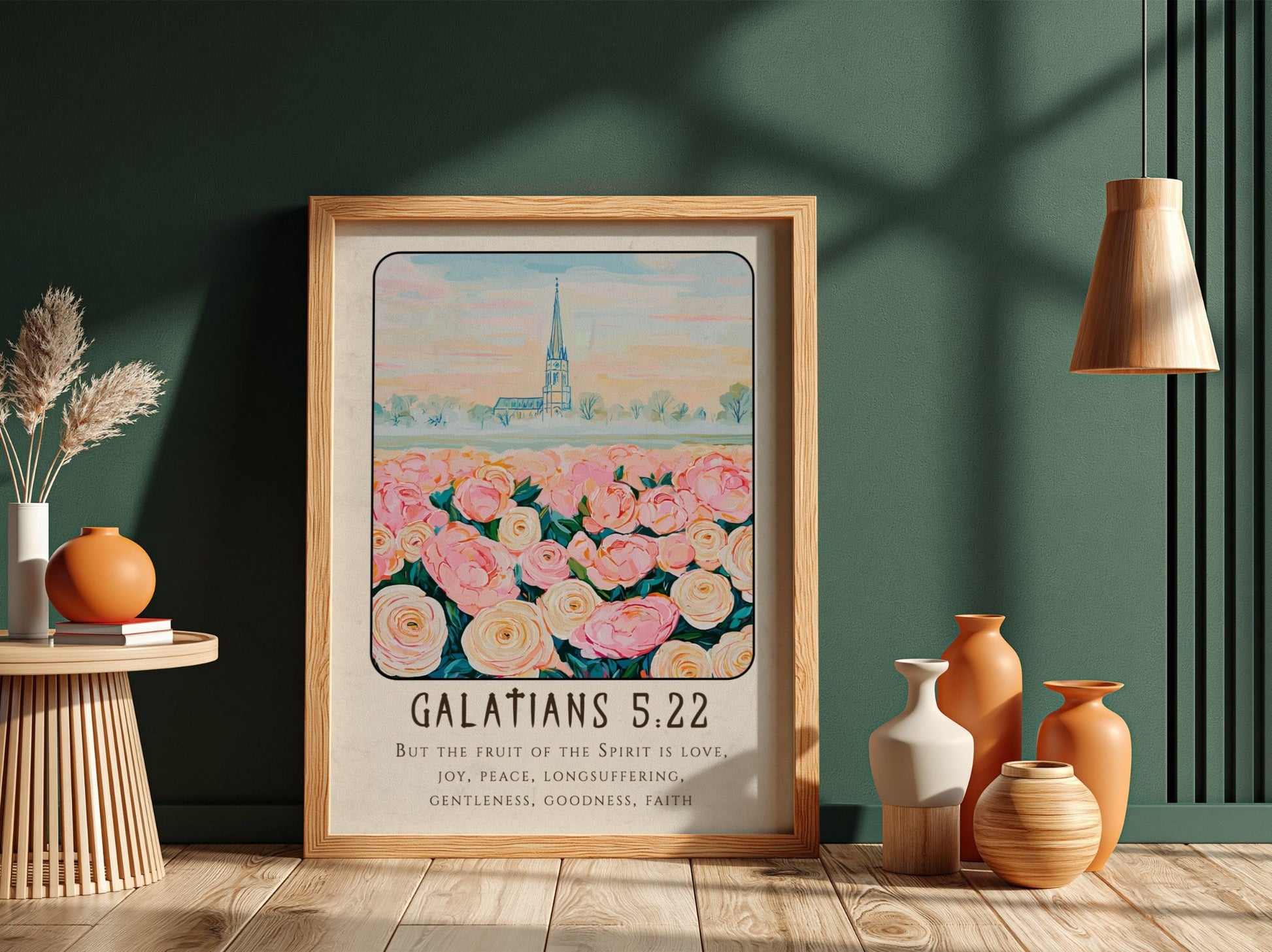 Galatians 5:22 poster featuring pink roses and a church, inspirational religion art