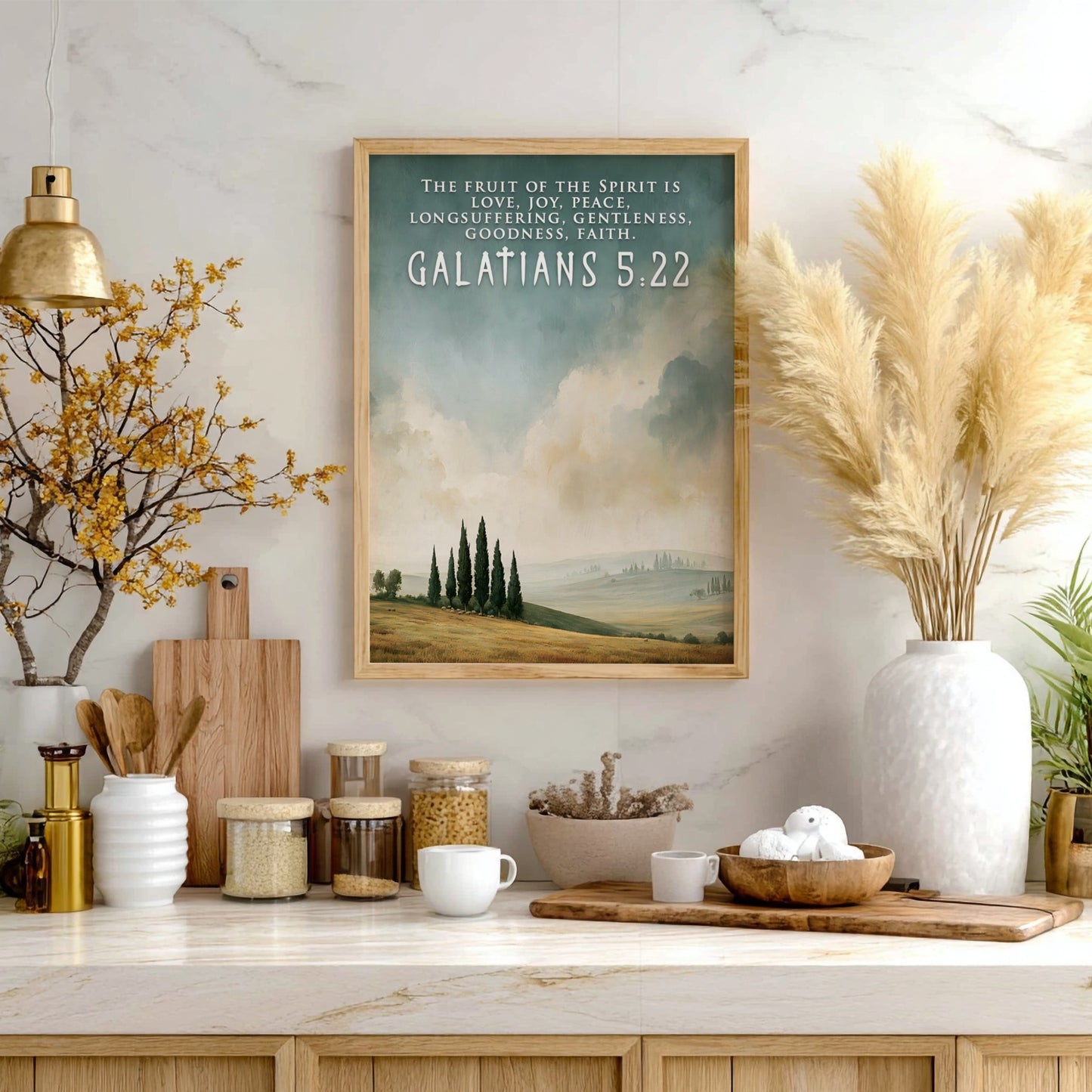 Poster displaying a peaceful countryside landscape with cypress trees and Galatians 5:22 scripture text.