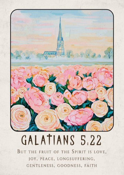 Galatians 5:22 poster featuring pink roses and a church, inspirational religion art