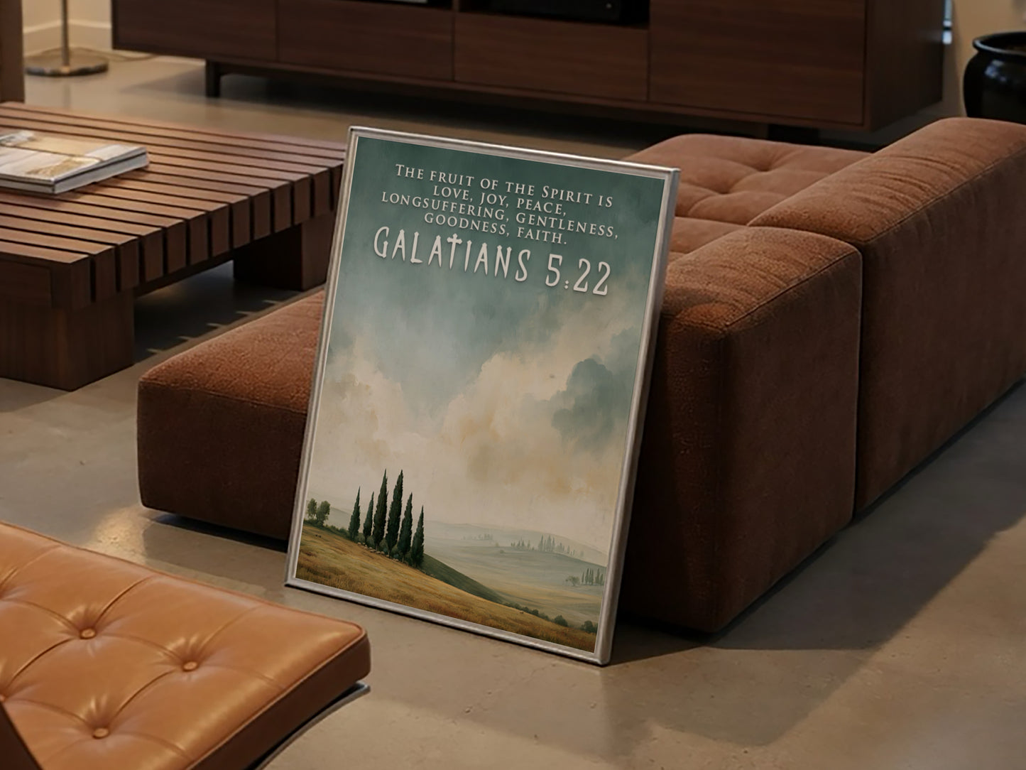 Poster displaying a peaceful countryside landscape with cypress trees and Galatians 5:22 scripture text.