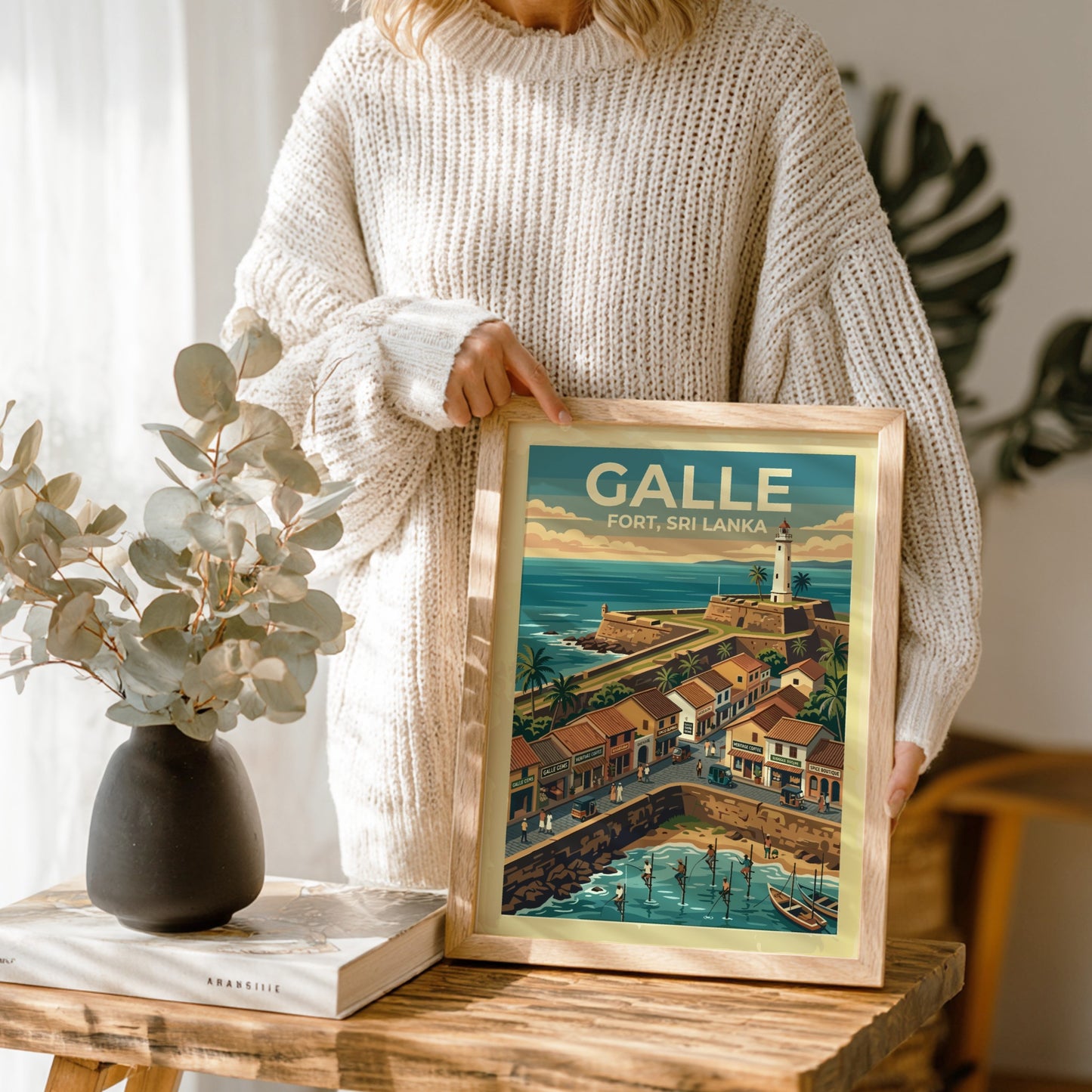 Galle Fort Sri Lanka poster featuring a historic lighthouse, stone walls, and fishermen.