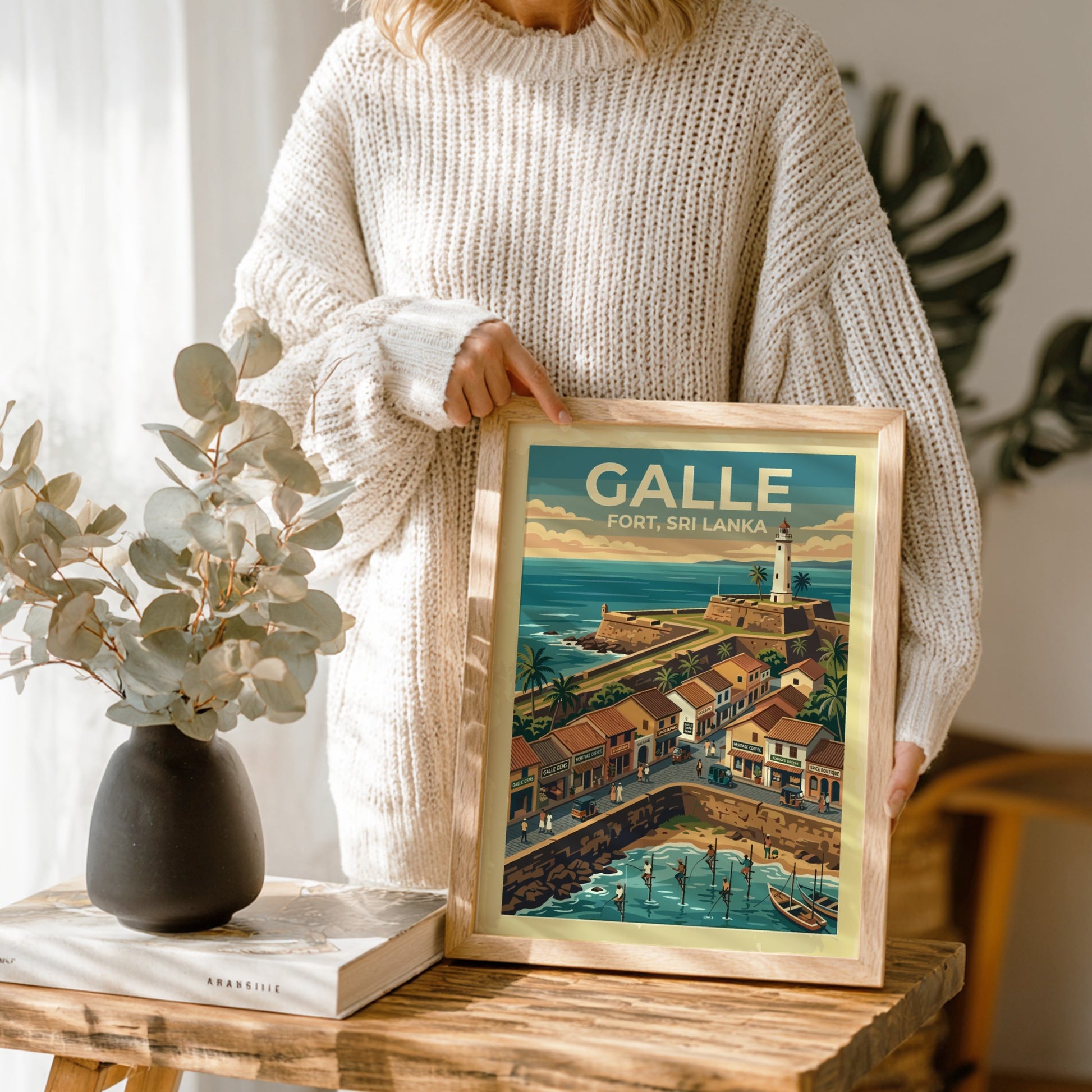 Galle Fort Sri Lanka poster featuring a historic lighthouse, stone walls, and fishermen.