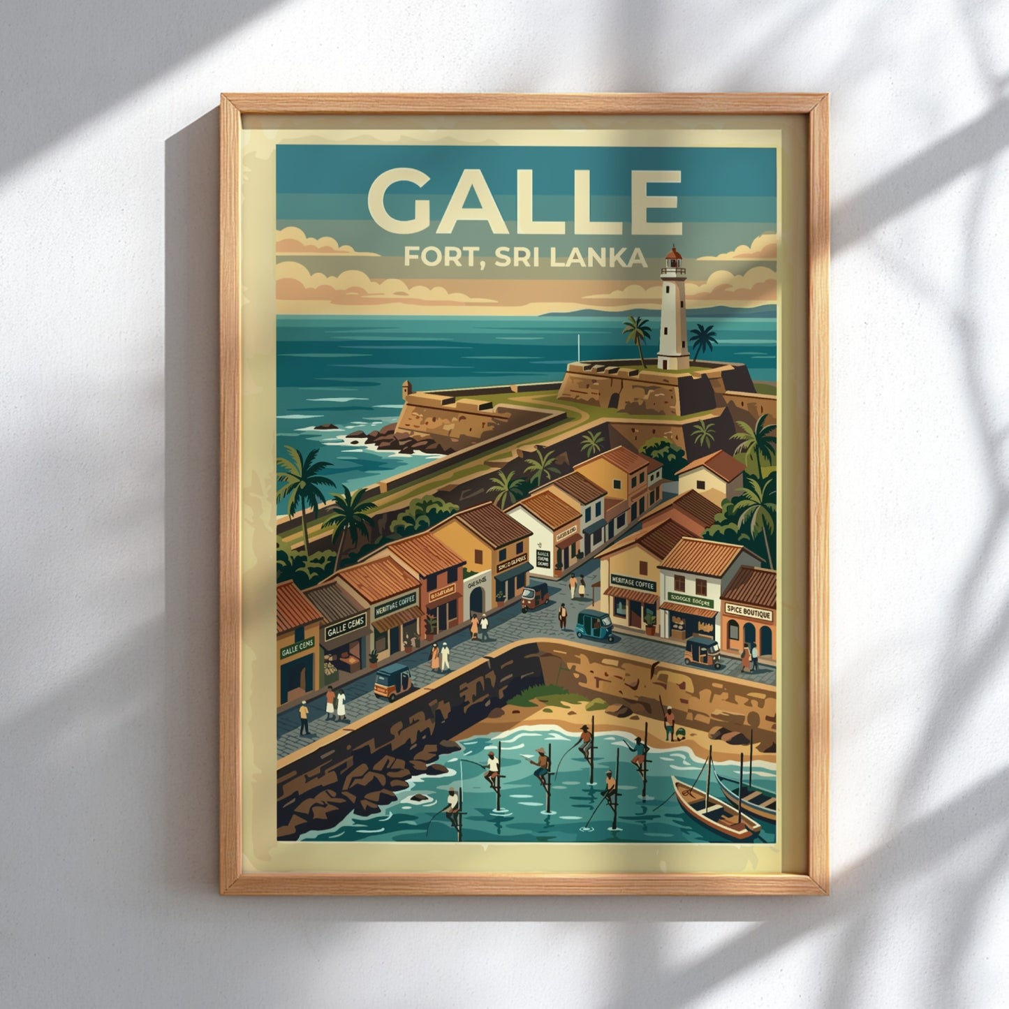 Galle Fort Sri Lanka poster featuring a historic lighthouse, stone walls, and fishermen.