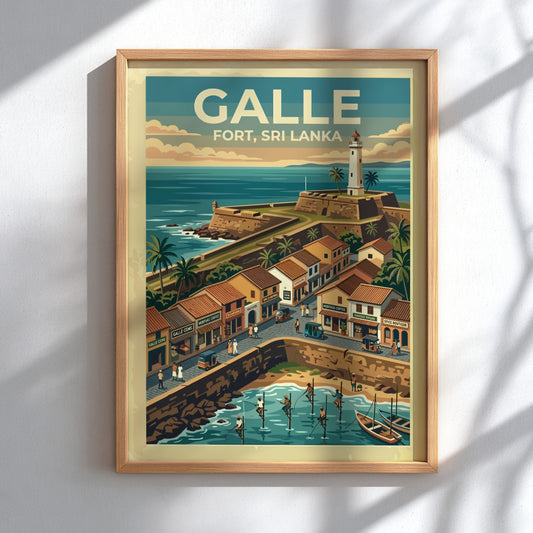 Galle Fort Sri Lanka poster featuring a historic lighthouse, stone walls, and fishermen.