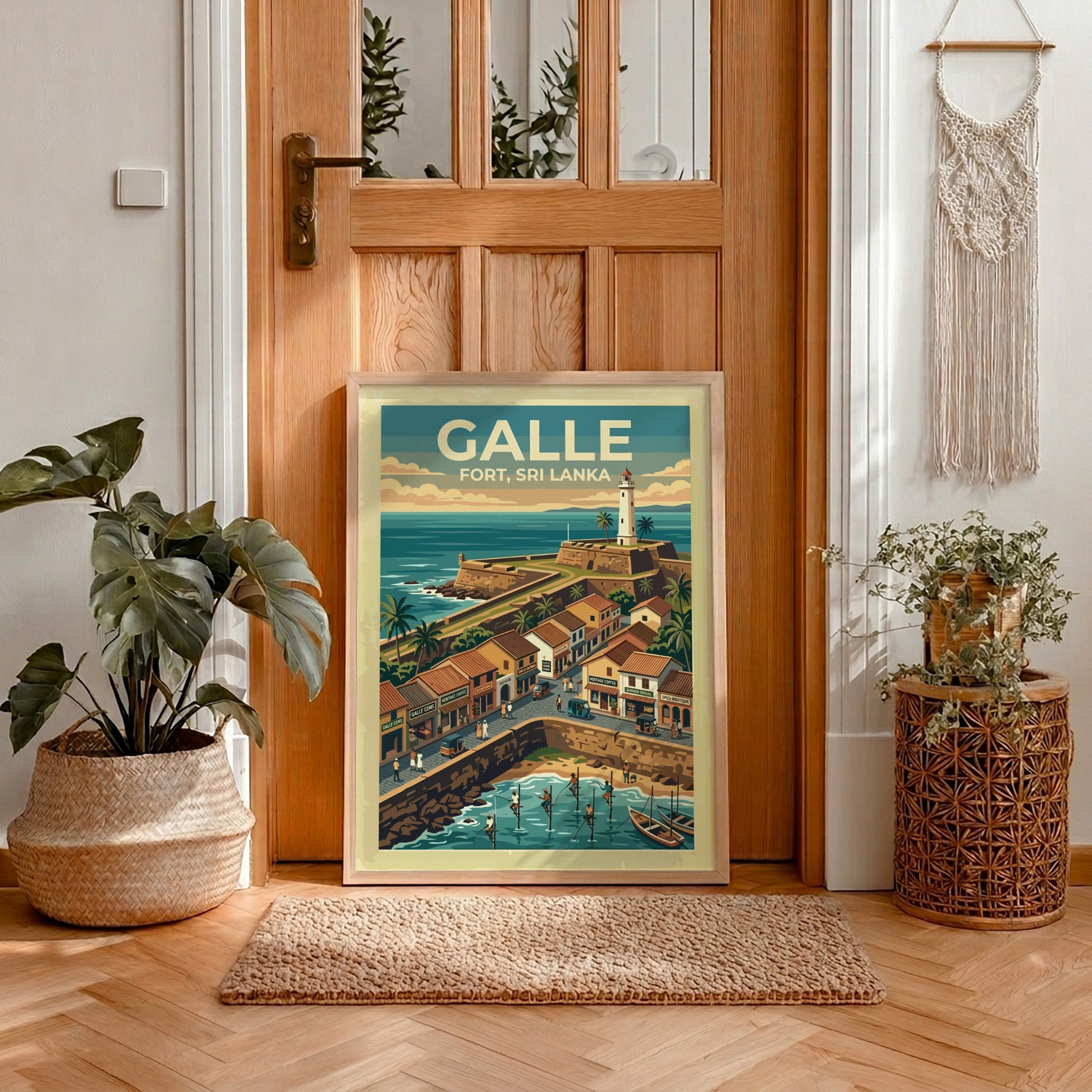 Galle Fort Sri Lanka poster featuring a historic lighthouse, stone walls, and fishermen.