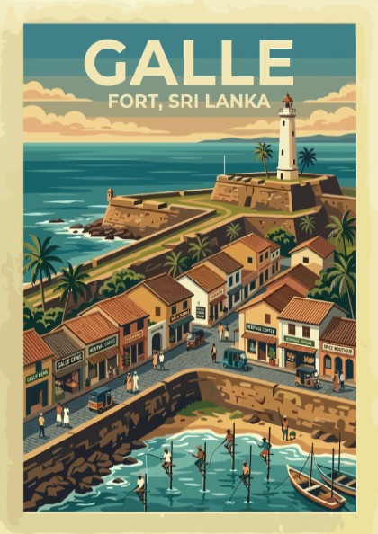 Galle Fort Sri Lanka poster featuring a historic lighthouse, stone walls, and fishermen.