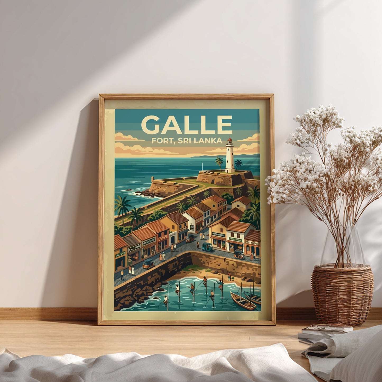 Galle Fort Sri Lanka poster featuring a historic lighthouse, stone walls, and fishermen.