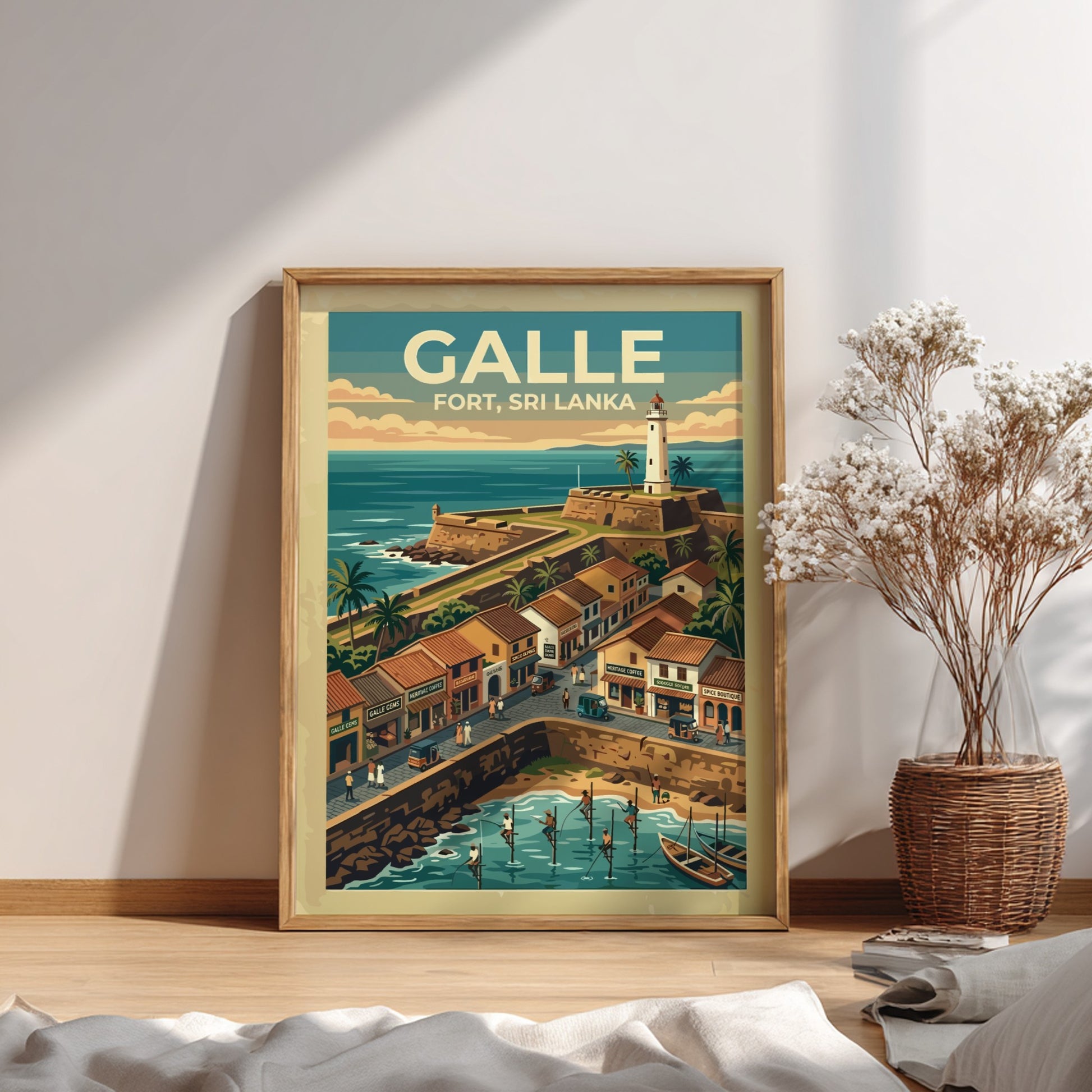 Galle Fort Sri Lanka poster featuring a historic lighthouse, stone walls, and fishermen.