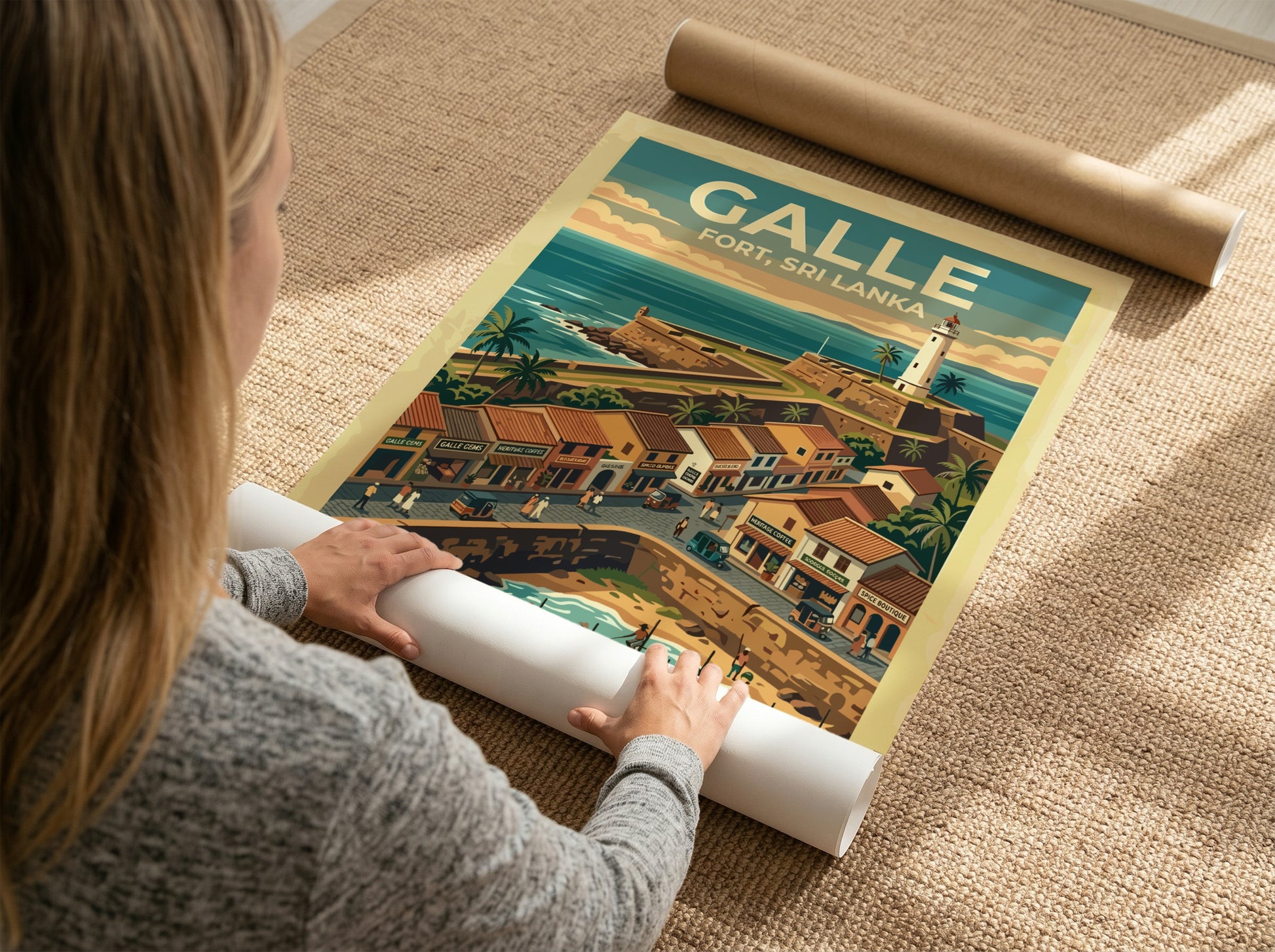 Galle Fort Sri Lanka poster featuring a historic lighthouse, stone walls, and fishermen.