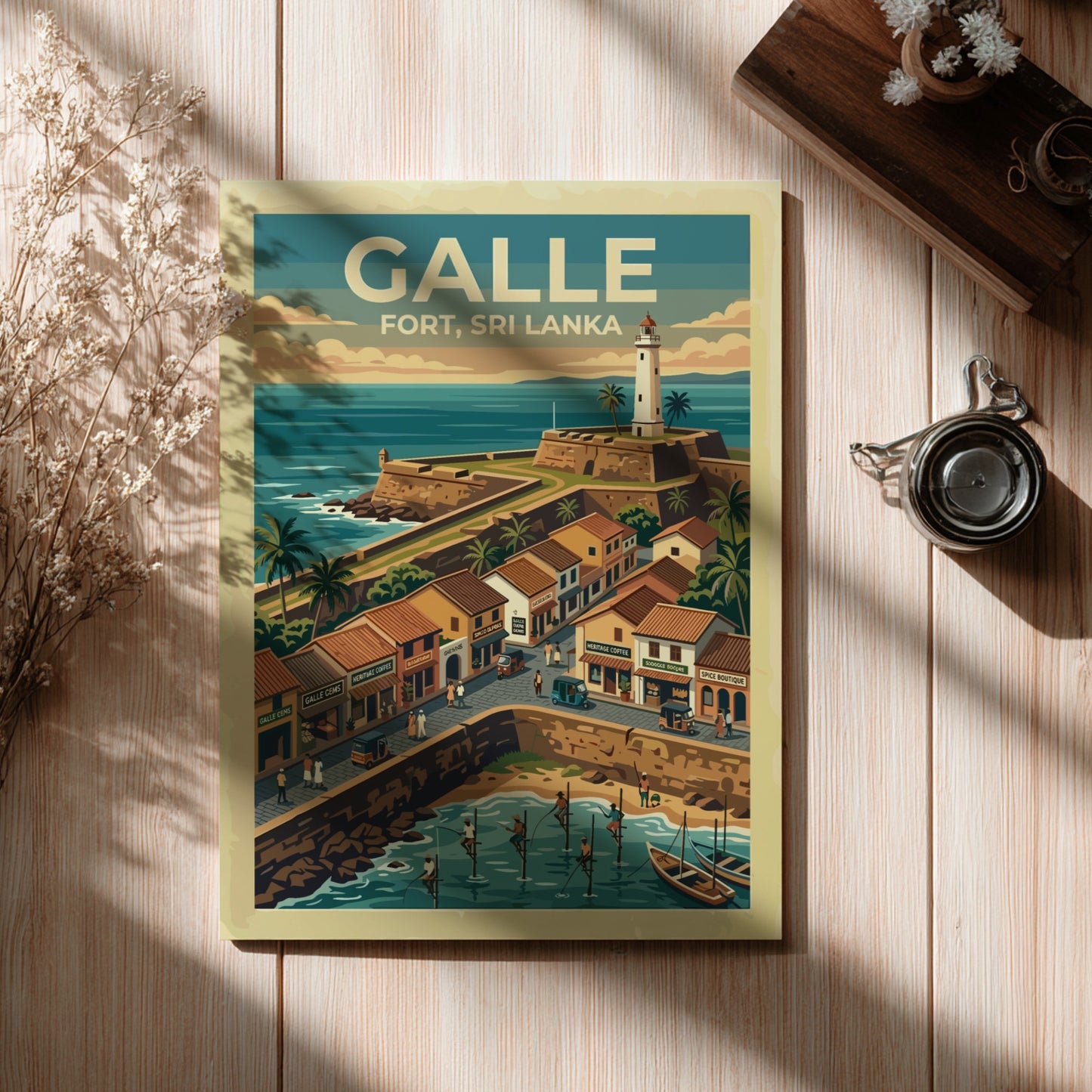 Galle Fort Sri Lanka poster featuring a historic lighthouse, stone walls, and fishermen.