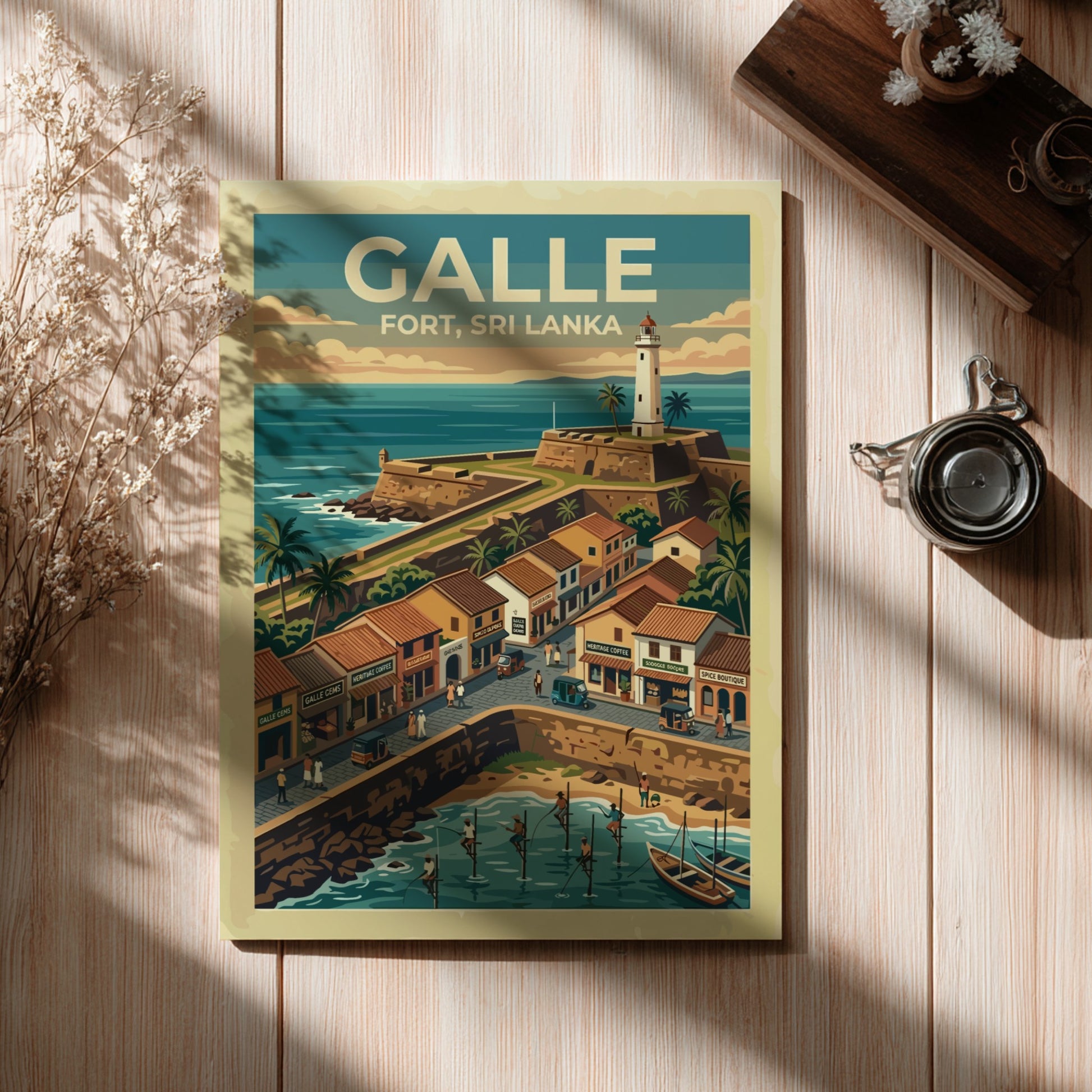 Galle Fort Sri Lanka poster featuring a historic lighthouse, stone walls, and fishermen.