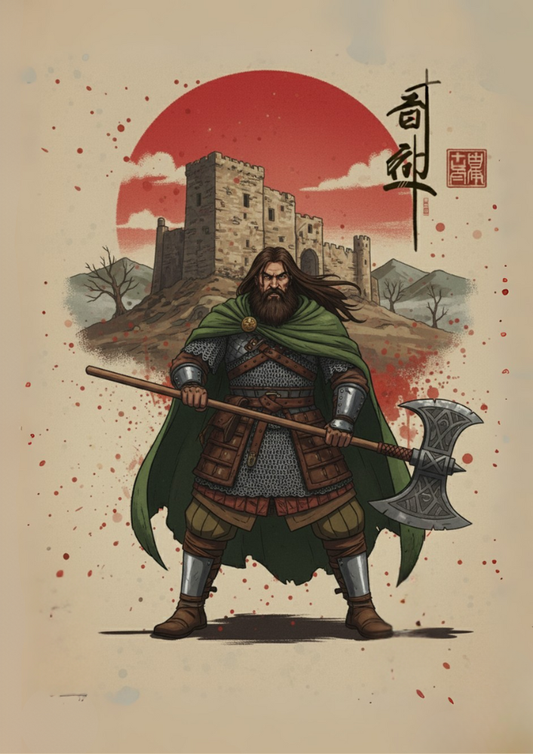 Illustration of a warrior holding an axe with a castle and red sun in the background