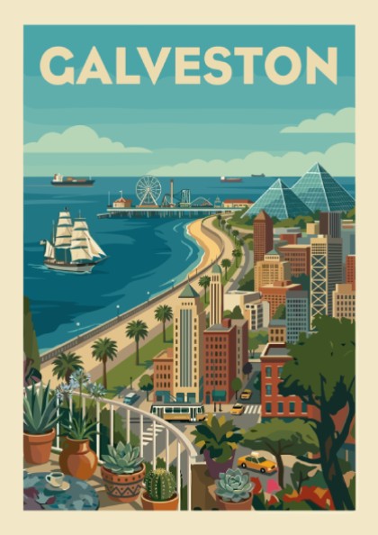 Retro Galveston cityscape poster with a tall ship, Ferris wheel, and pyramids on a sunny day.