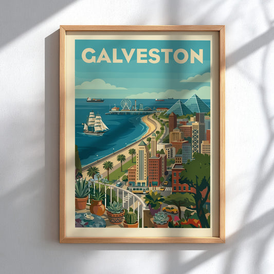 Retro Galveston cityscape poster with a tall ship, Ferris wheel, and pyramids on a sunny day.