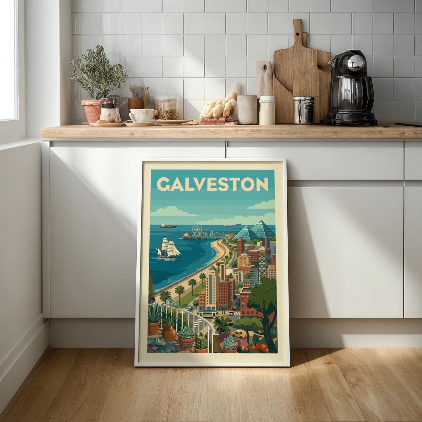 Retro Galveston cityscape poster with a tall ship, Ferris wheel, and pyramids on a sunny day.