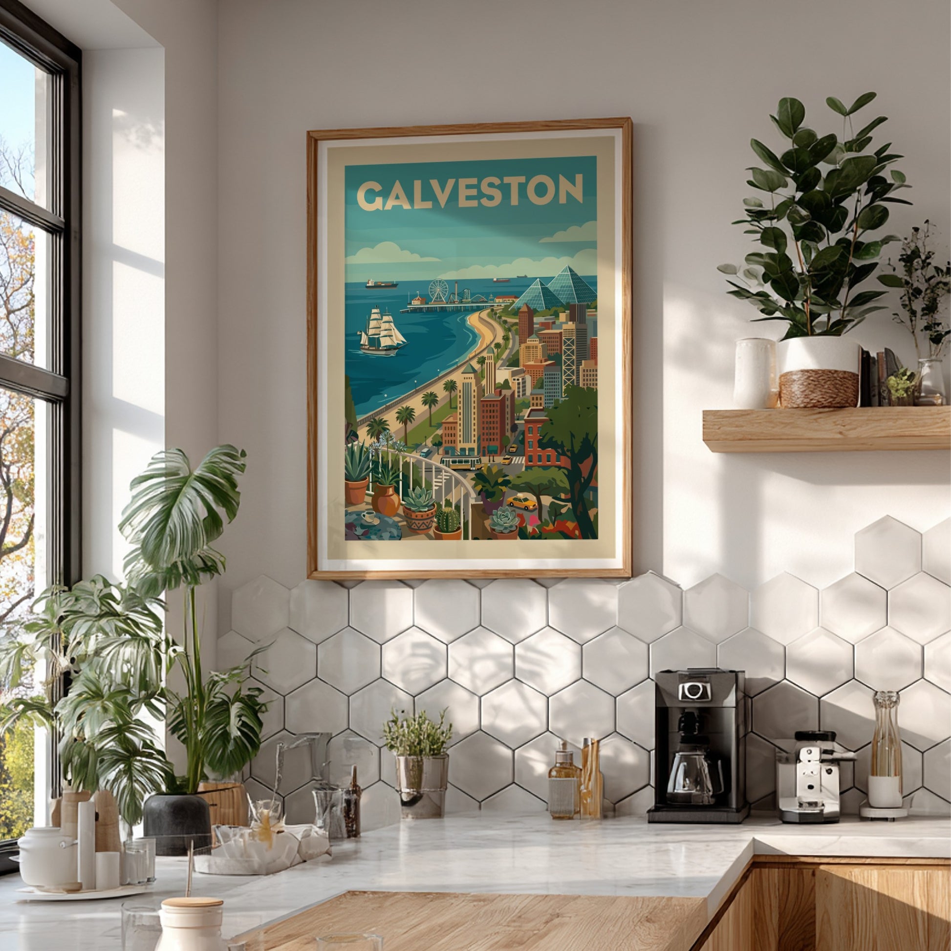 Retro Galveston cityscape poster with a tall ship, Ferris wheel, and pyramids on a sunny day.