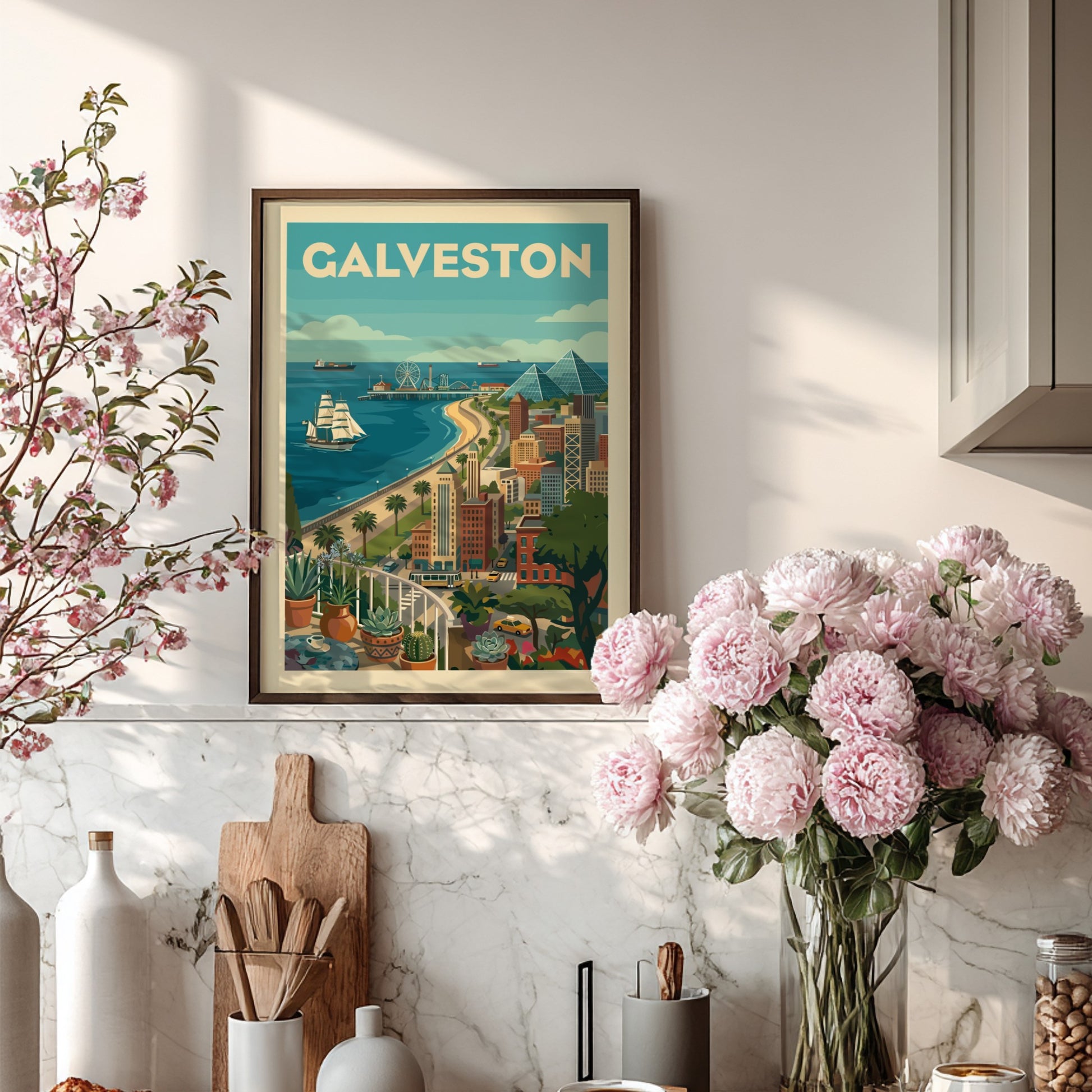 Retro Galveston cityscape poster with a tall ship, Ferris wheel, and pyramids on a sunny day.